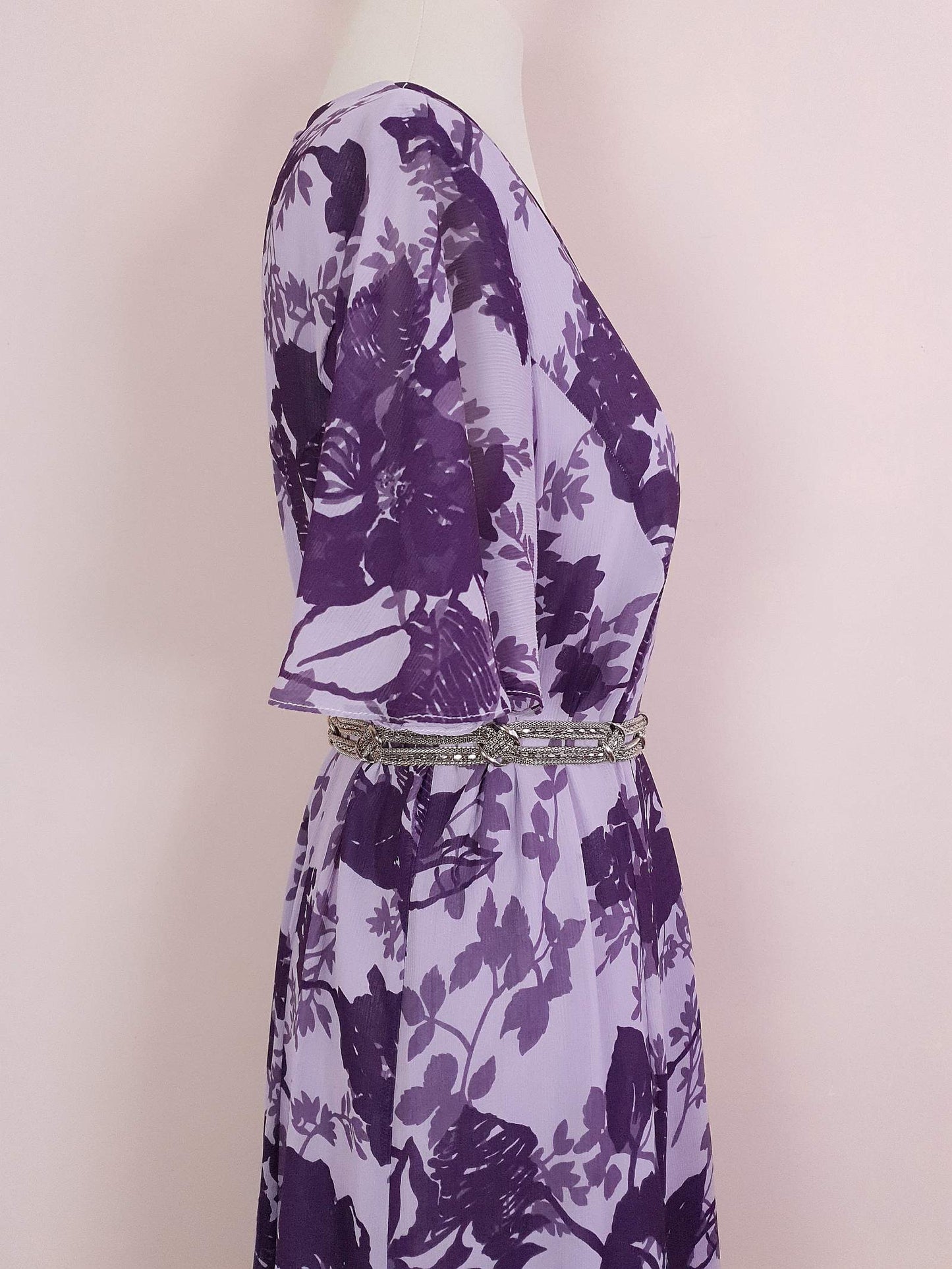 Vintage 90s Purple Floral Dress Boho Midi Lilac Chiffon Purple Flower Size 14