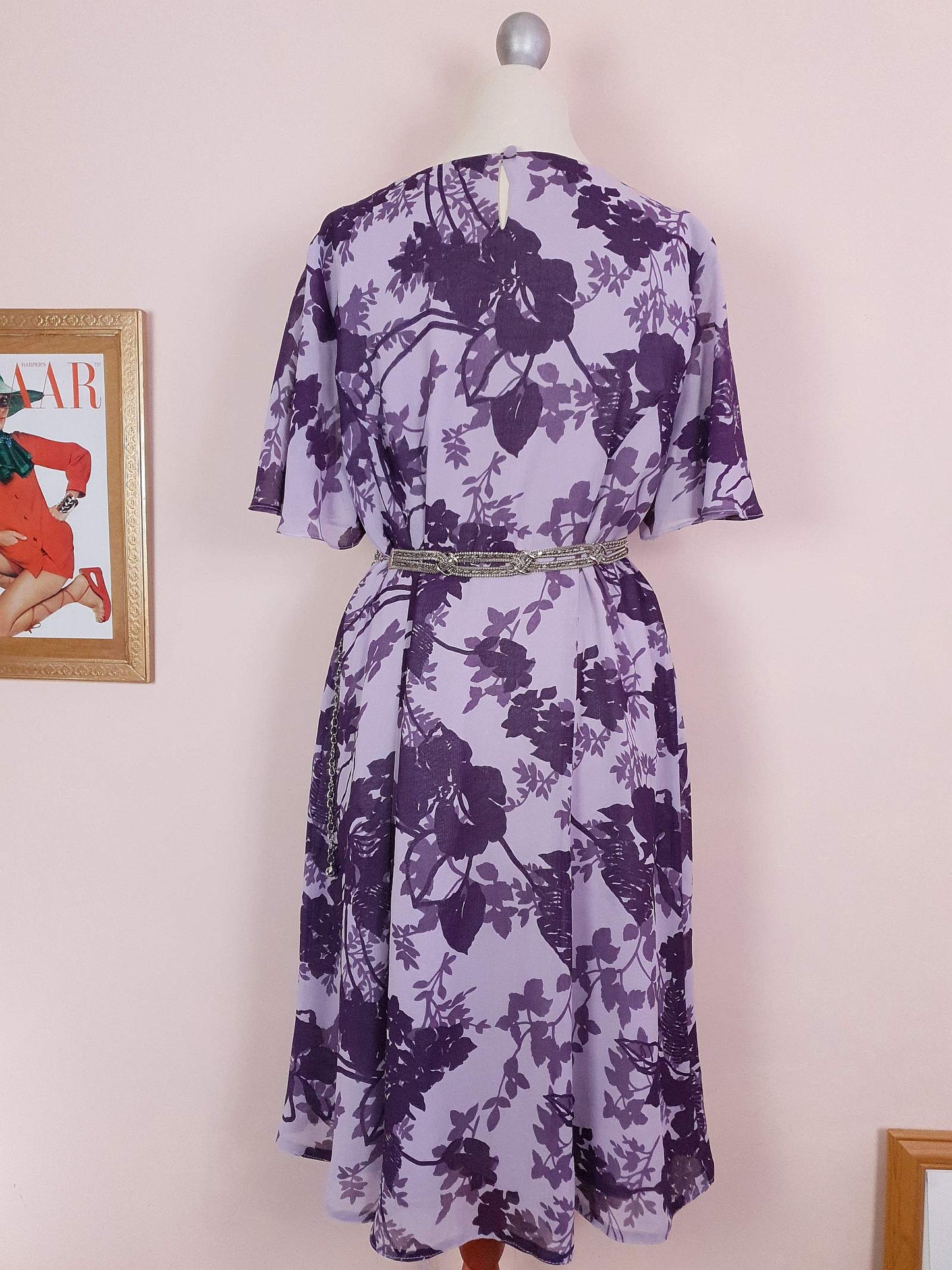 Vintage 90s Purple Floral Dress Boho Midi Lilac Chiffon Purple Flower Size 14