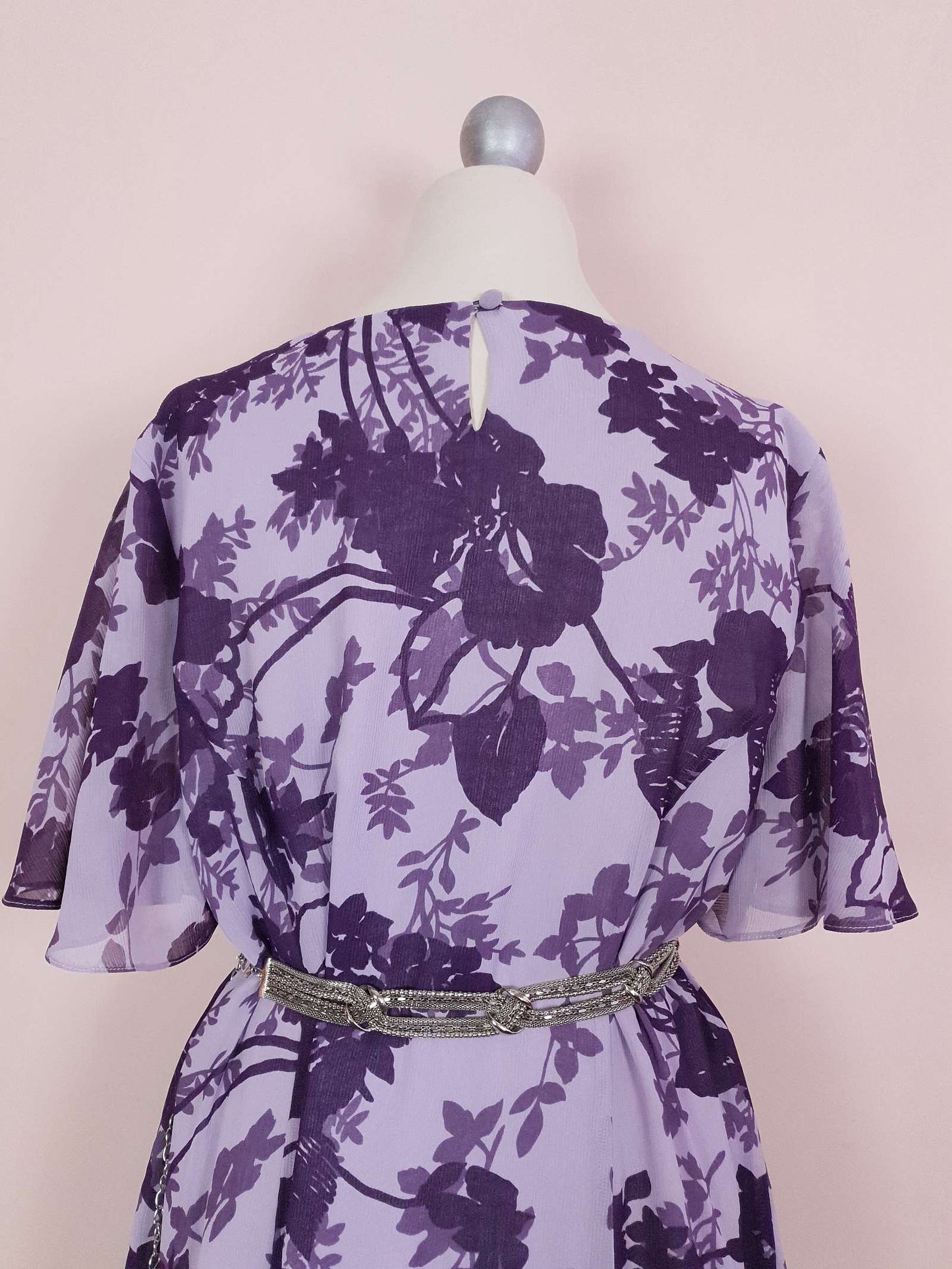 Vintage 90s Purple Floral Dress Boho Midi Lilac Chiffon Purple Flower Size 14