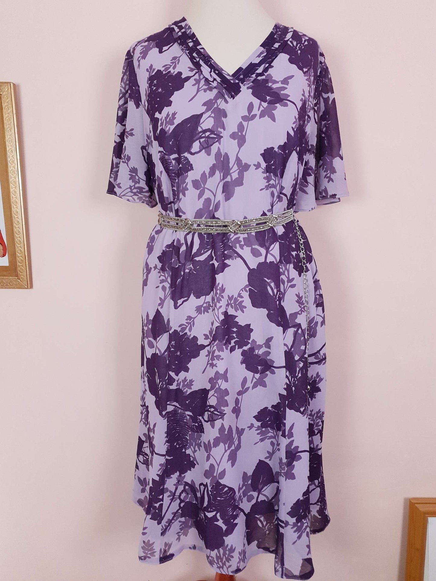 Vintage 90s Purple Floral Dress Boho Midi Lilac Chiffon Purple Flower Size 14