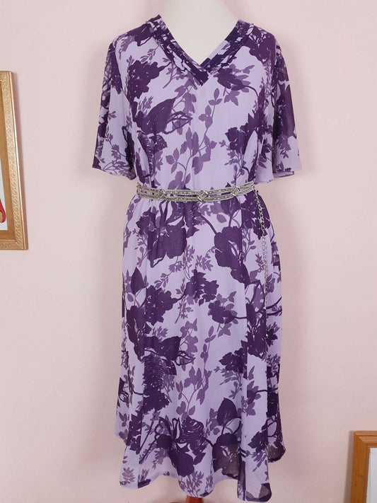 Vintage 1980s Purple Floral Dress Boho Midi Lilac Chiffon Purple Flower Size 14