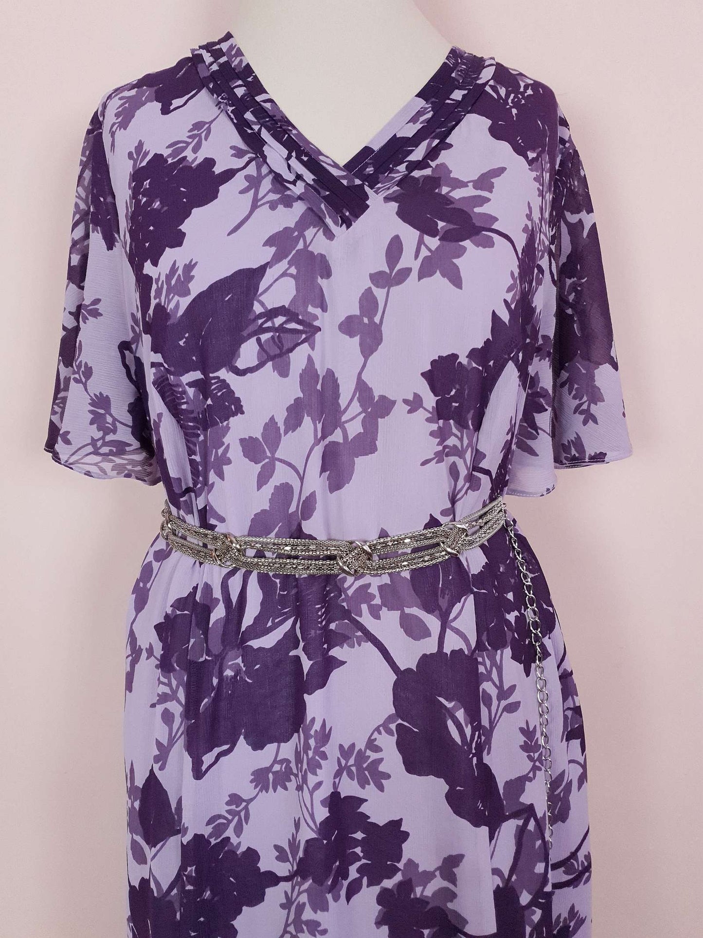 Vintage 90s Purple Floral Dress Boho Midi Lilac Chiffon Purple Flower Size 14