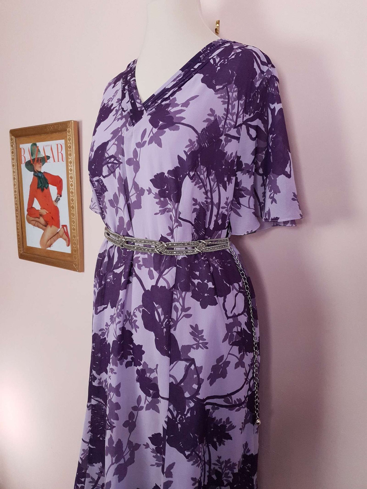Vintage 90s Purple Floral Dress Boho Midi Lilac Chiffon Purple Flower Size 14