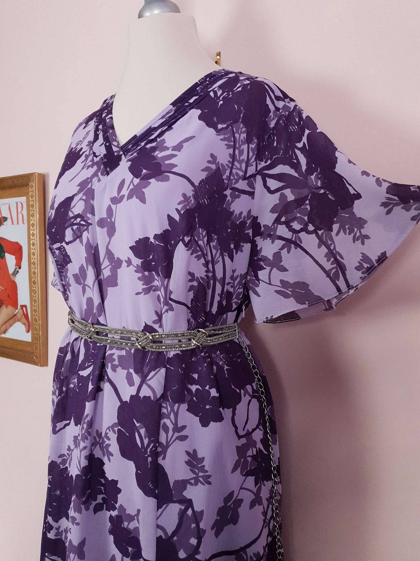 Vintage 90s Purple Floral Dress Boho Midi Lilac Chiffon Purple Flower Size 14