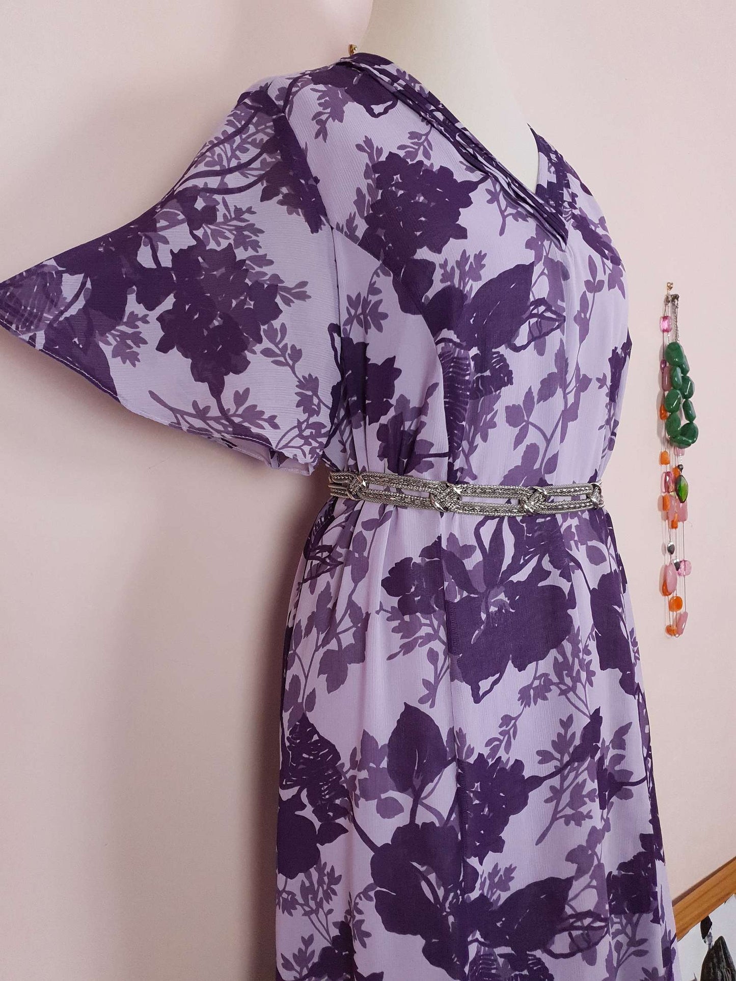Vintage 90s Purple Floral Dress Boho Midi Lilac Chiffon Purple Flower Size 14