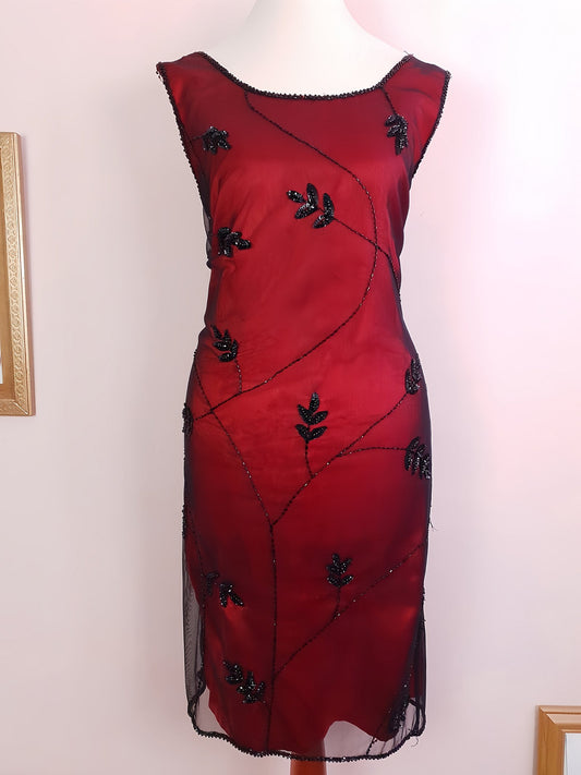 Vintage 90s Red Party Dress Beaded Black Sequins Evening Cocktail Midi - Size 14