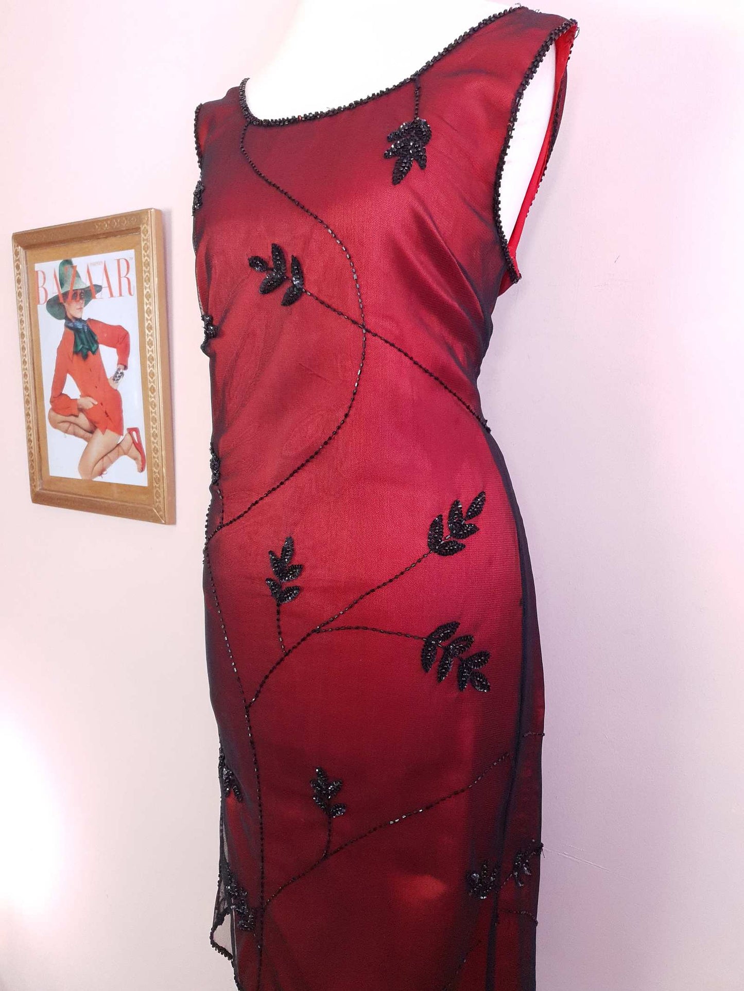 Vintage 90s Red Party Dress Beaded Black Sequins Evening Cocktail Midi - Size 14