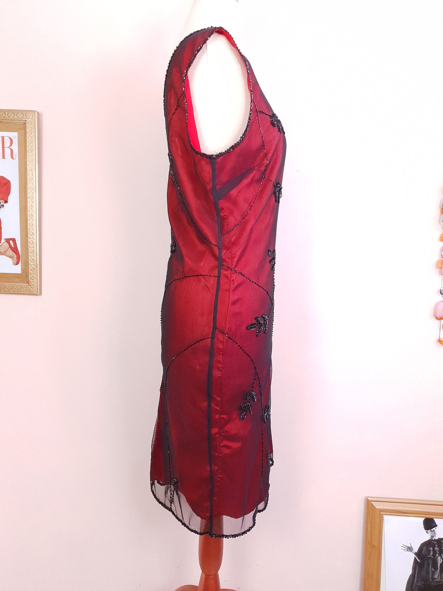 Vintage 90s Red Party Dress Beaded Black Sequins Evening Cocktail Midi - Size 14