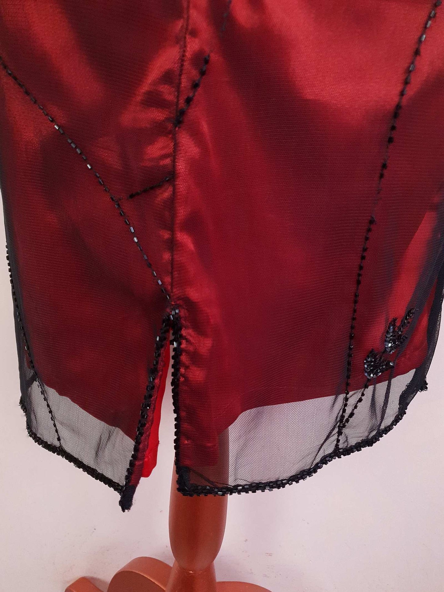 Vintage 90s Red Party Dress Beaded Black Sequins Evening Cocktail Midi - Size 14