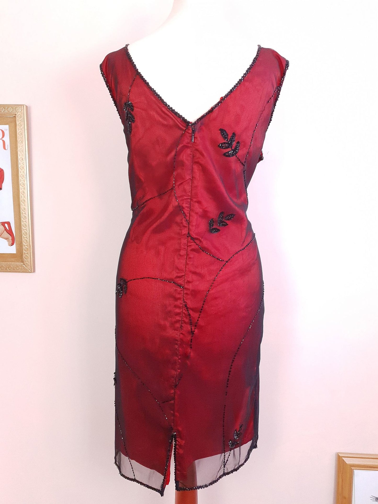 Vintage 90s Red Party Dress Beaded Black Sequins Evening Cocktail Midi - Size 14