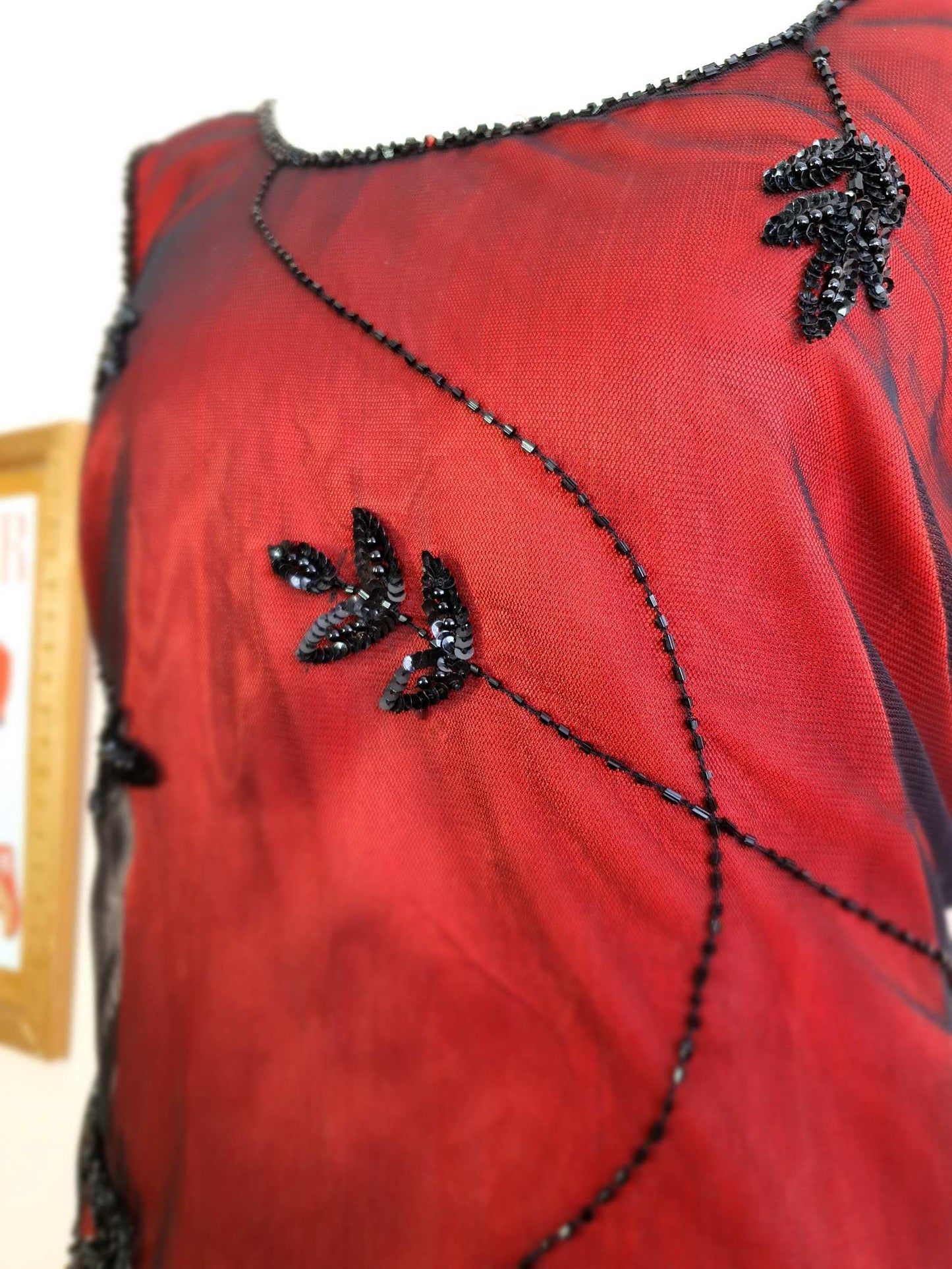Vintage 90s Red Party Dress Beaded Black Sequins Evening Cocktail Midi - Size 14