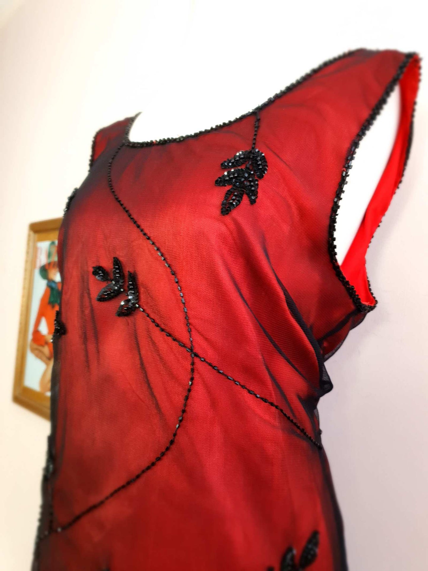 Vintage 90s Red Party Dress Beaded Black Sequins Evening Cocktail Midi - Size 14