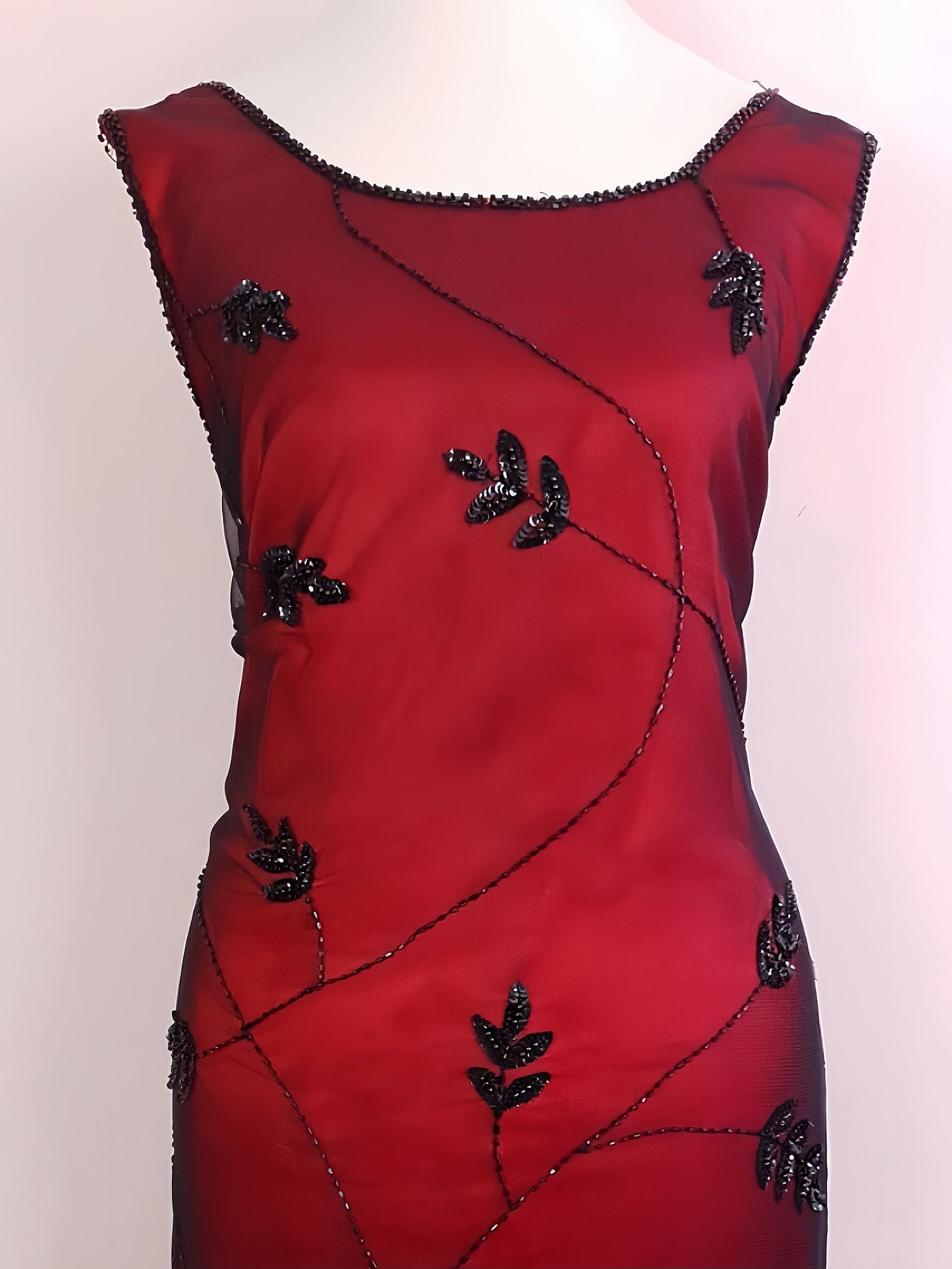 Vintage 90s Red Party Dress Beaded Black Sequins Evening Cocktail Midi - Size 14