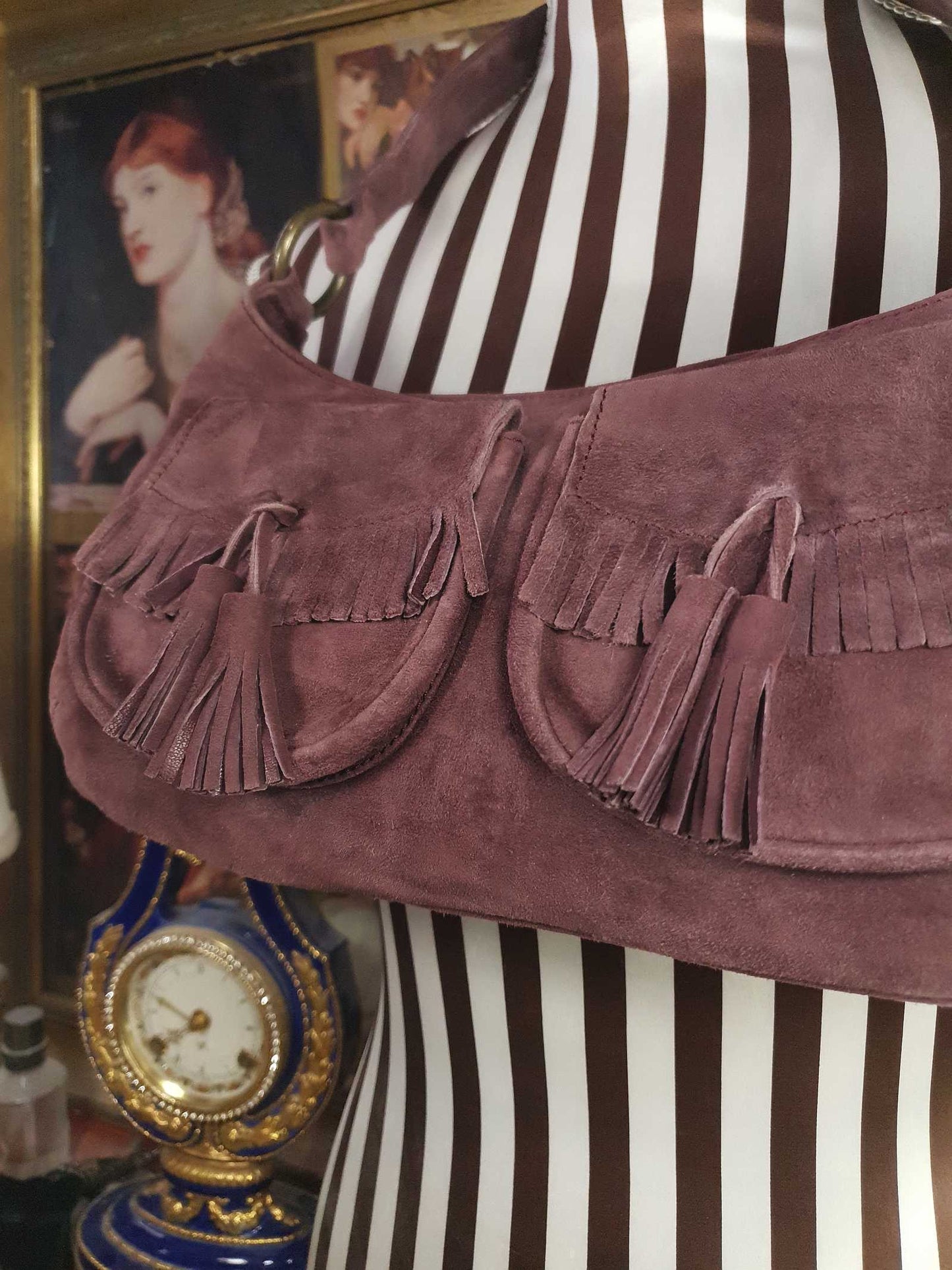 Vintage LK Bennett Boho Suede Leather Handbag Plum Brown Shoulder Bag