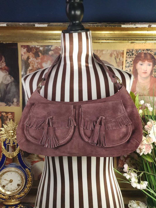 Vintage LK Bennett Boho Suede Leather Handbag Plum Brown Shoulder Bag