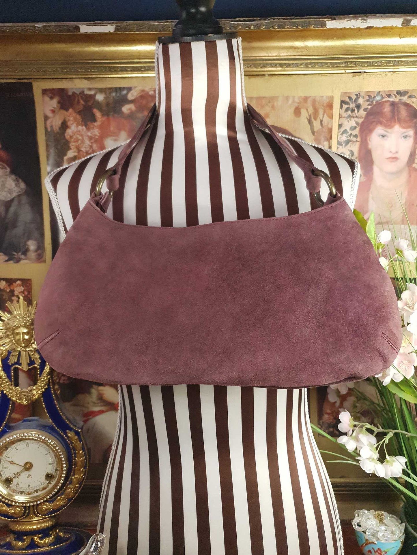 Vintage LK Bennett Boho Suede Leather Handbag Plum Brown Shoulder Bag