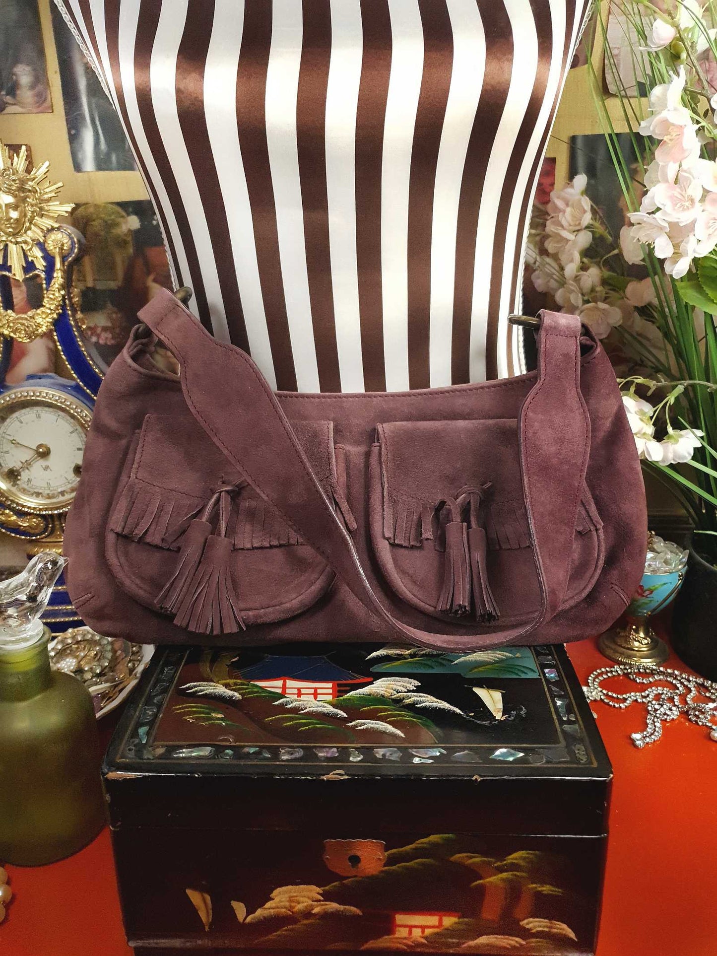 Vintage LK Bennett Boho Suede Leather Handbag Plum Brown Shoulder Bag