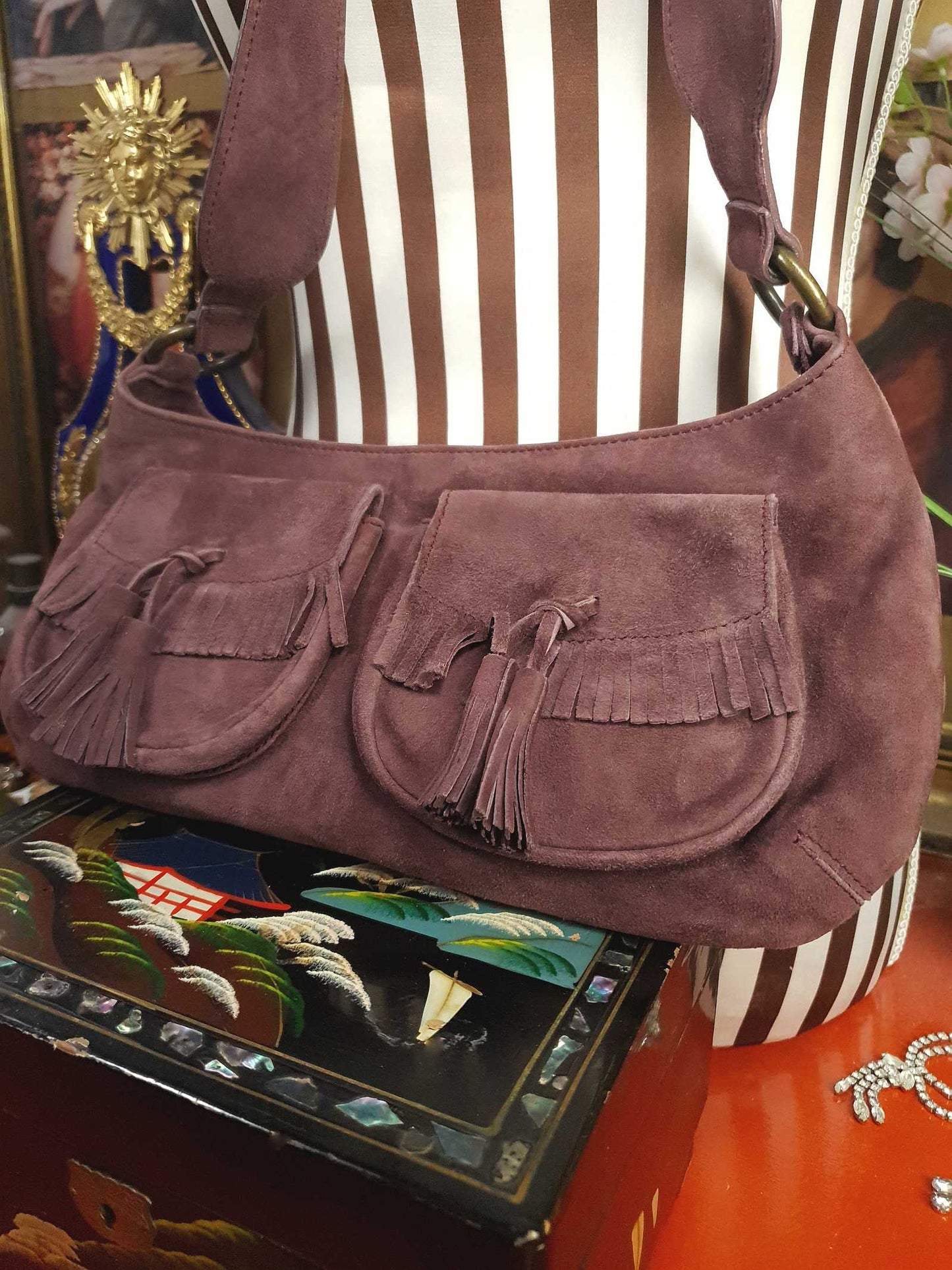 Vintage LK Bennett Boho Suede Leather Handbag Plum Brown Shoulder Bag