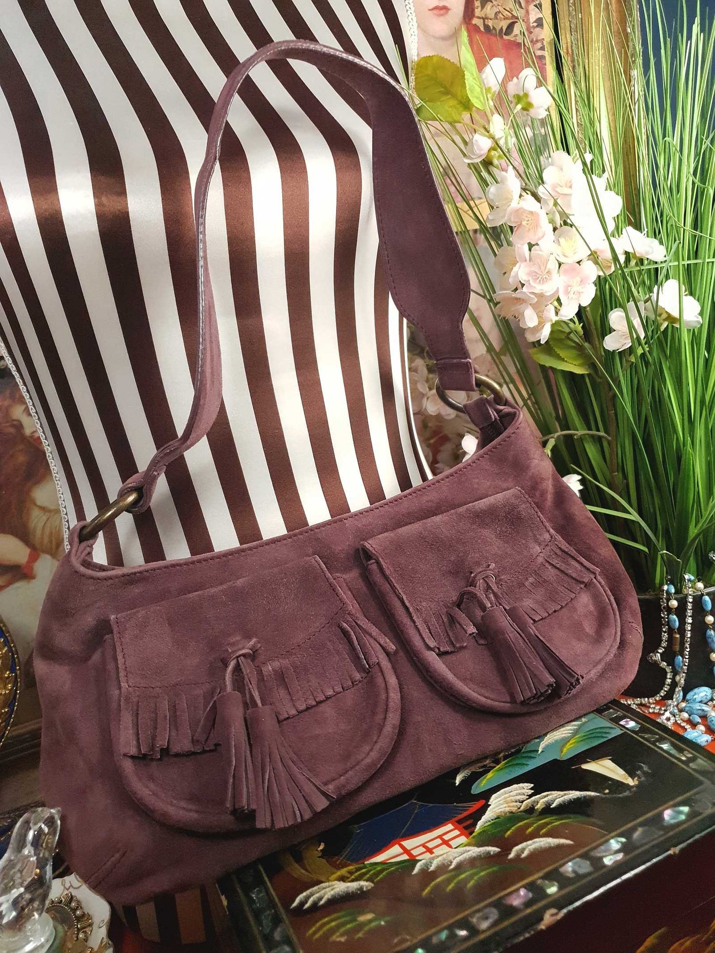 Vintage LK Bennett Boho Suede Leather Handbag Plum Brown Shoulder Bag