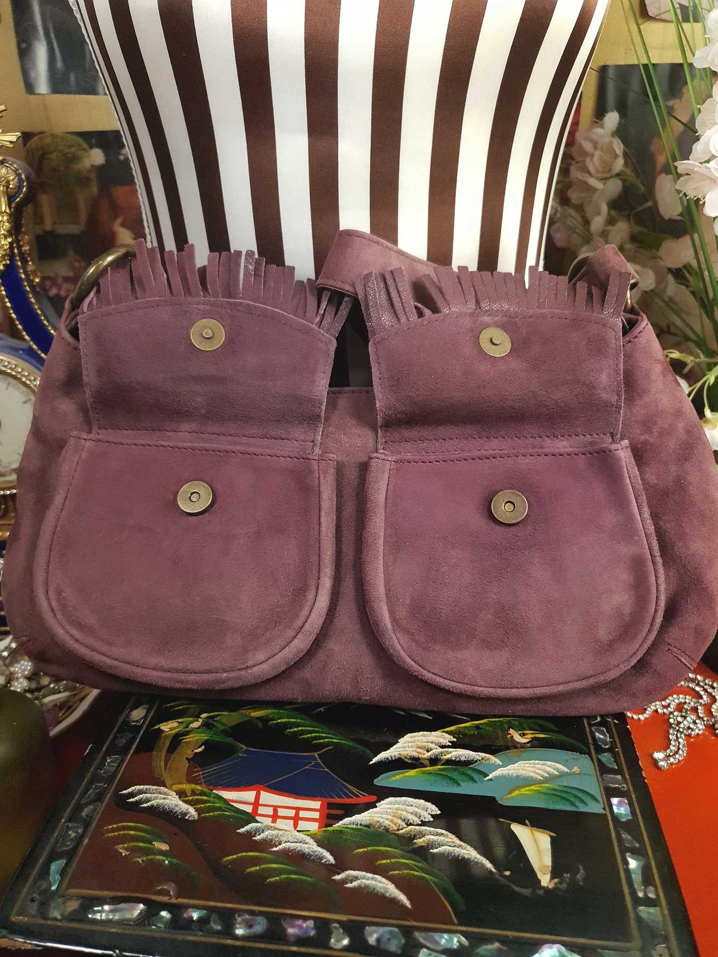 Vintage LK Bennett Boho Suede Leather Handbag Plum Brown Shoulder Bag