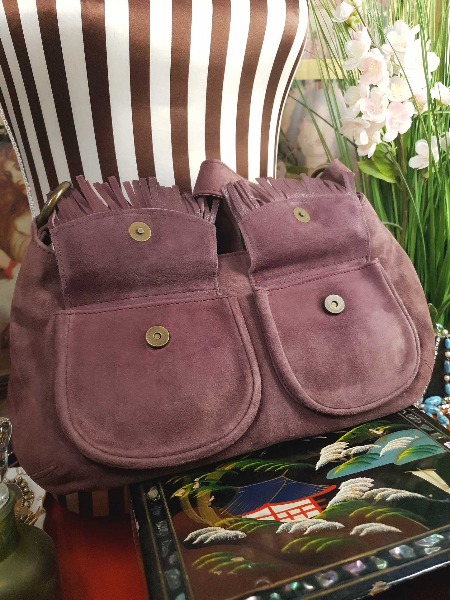 Vintage LK Bennett Boho Suede Leather Handbag Plum Brown Shoulder Bag