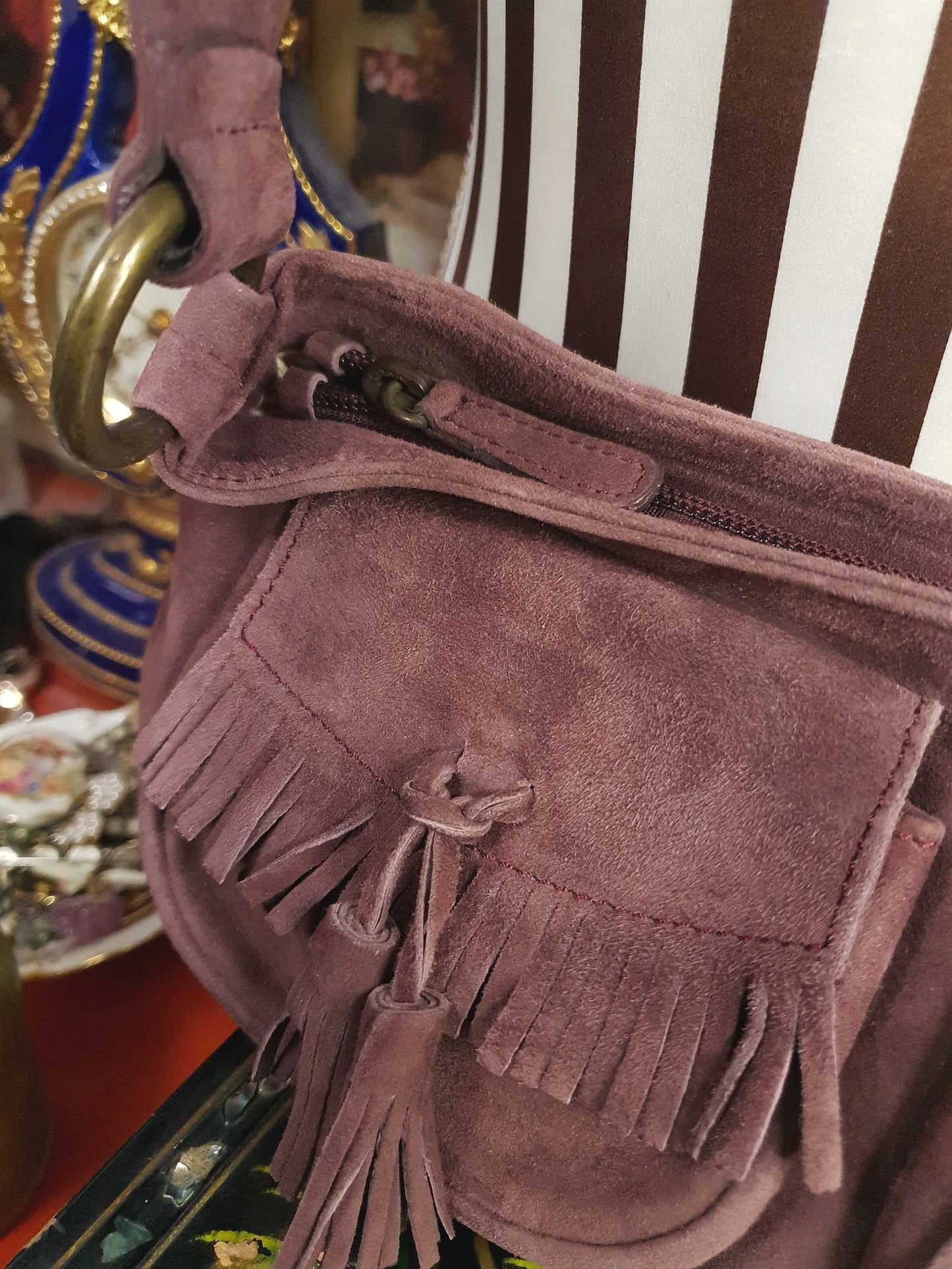 Vintage LK Bennett Boho Suede Leather Handbag Plum Brown Shoulder Bag