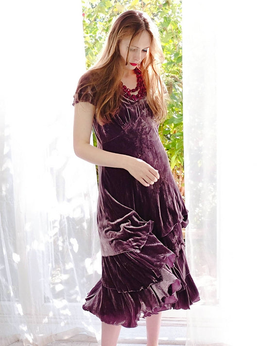 90s Vintage Laura Ashley Bohemian Purple Tiered Dress - English Classics - Size 14