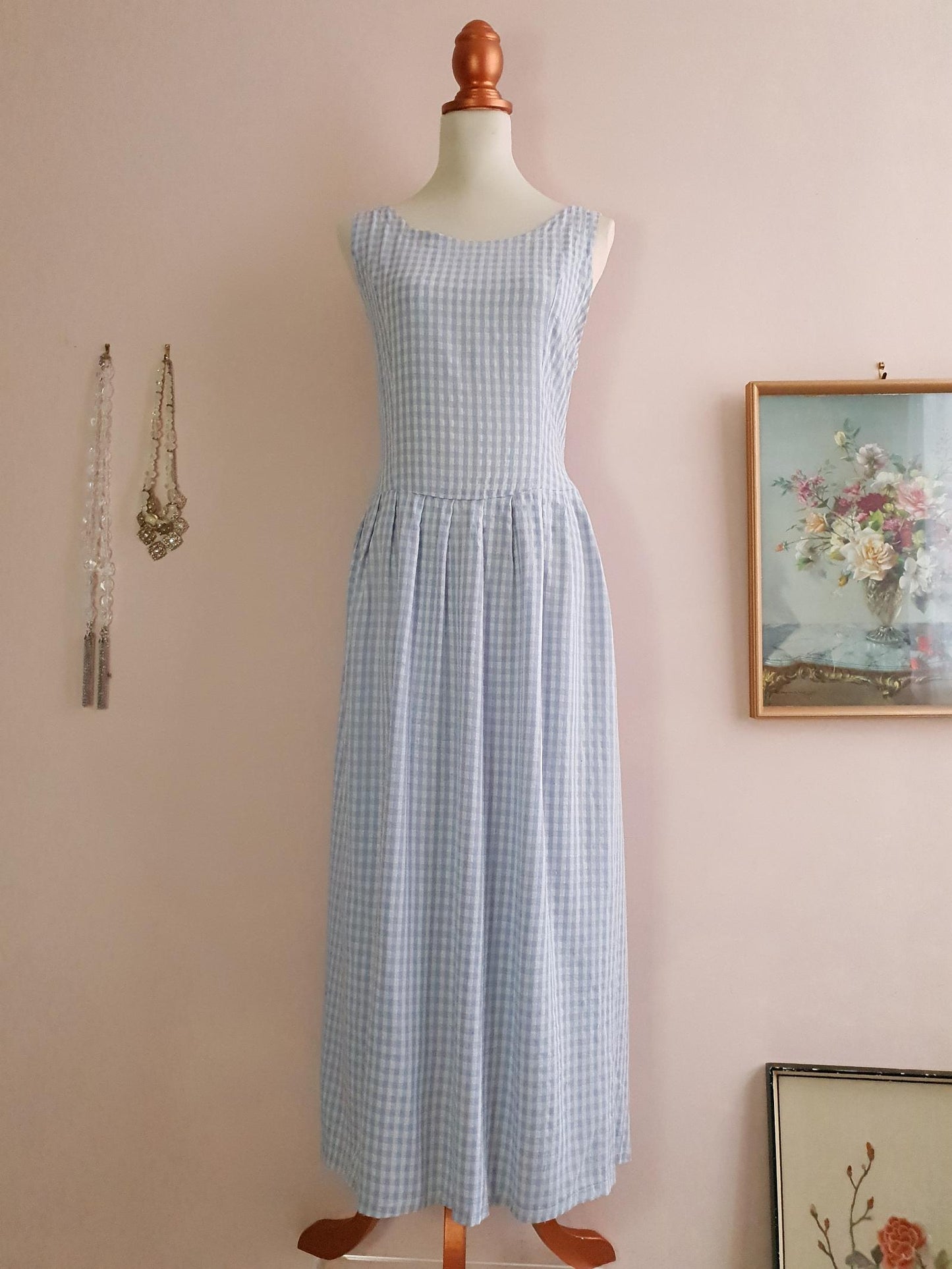 Vintage 1980s Blue Check Day Dress - Size 16