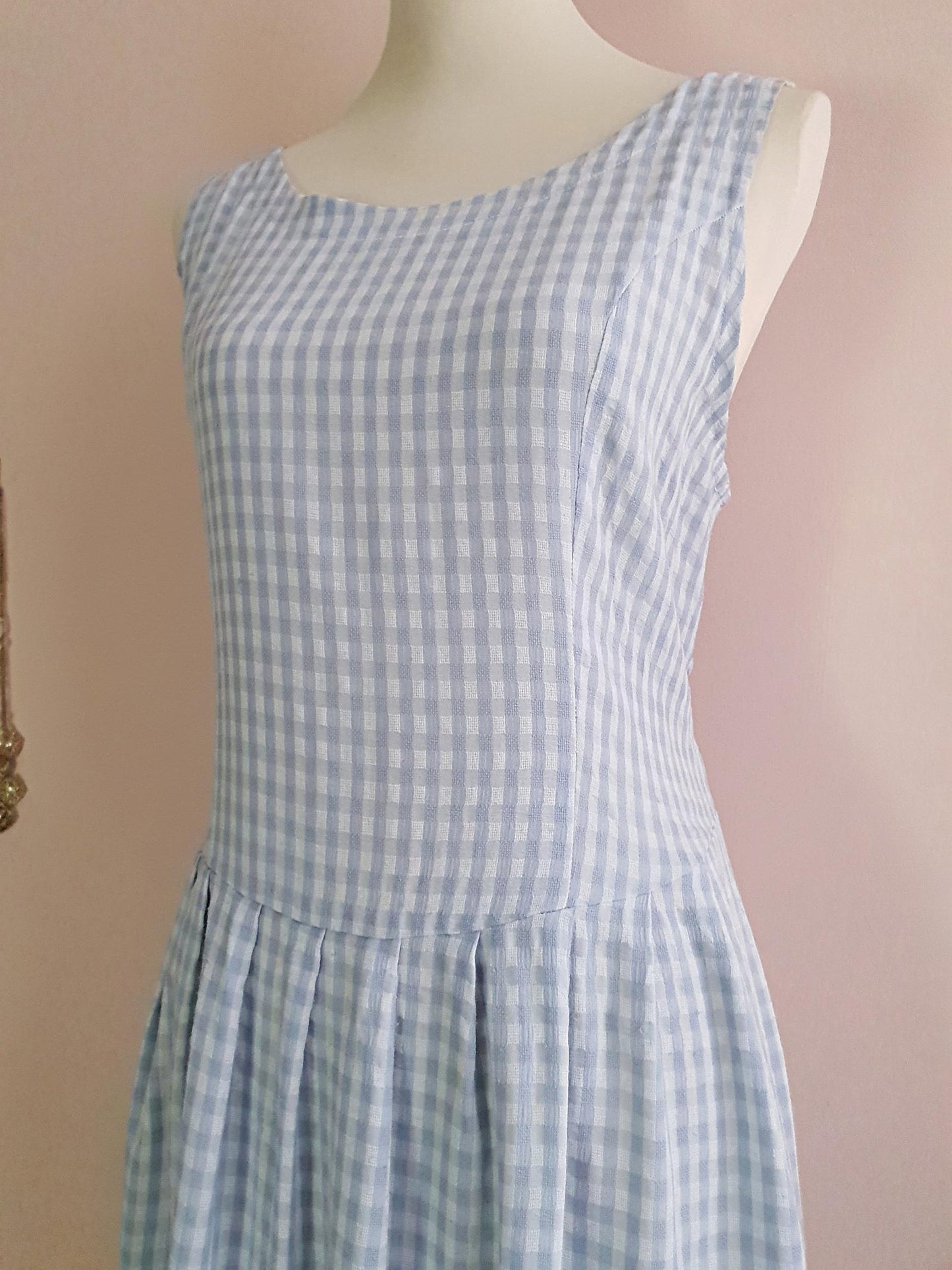 Vintage 1980s Blue Check Day Dress - Size 16