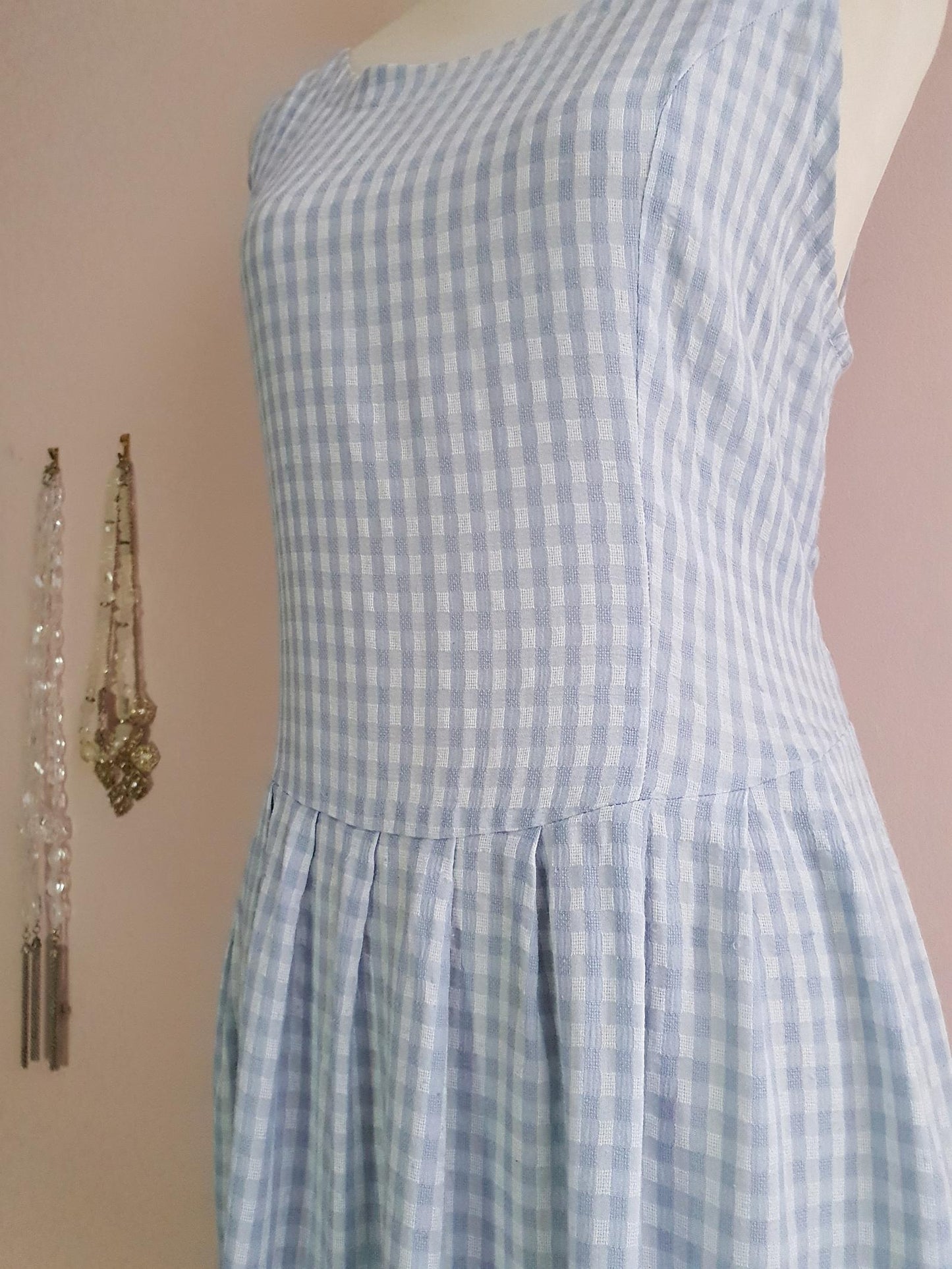 Vintage 1980s Blue Check Day Dress - Size 16