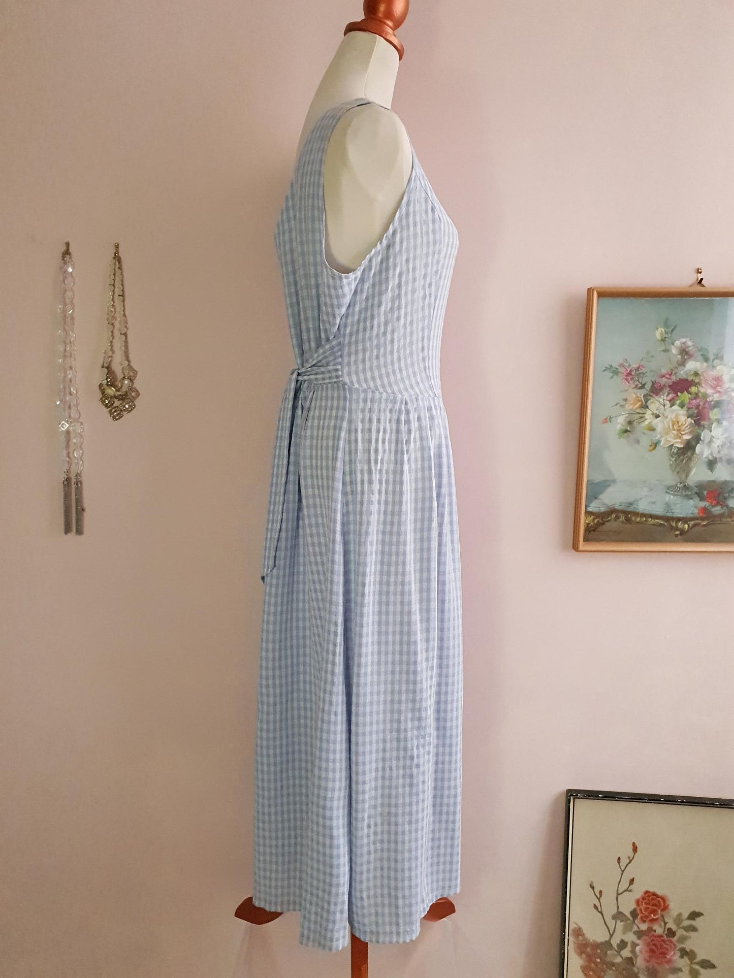 Vintage 1980s Blue Check Day Dress - Size 16