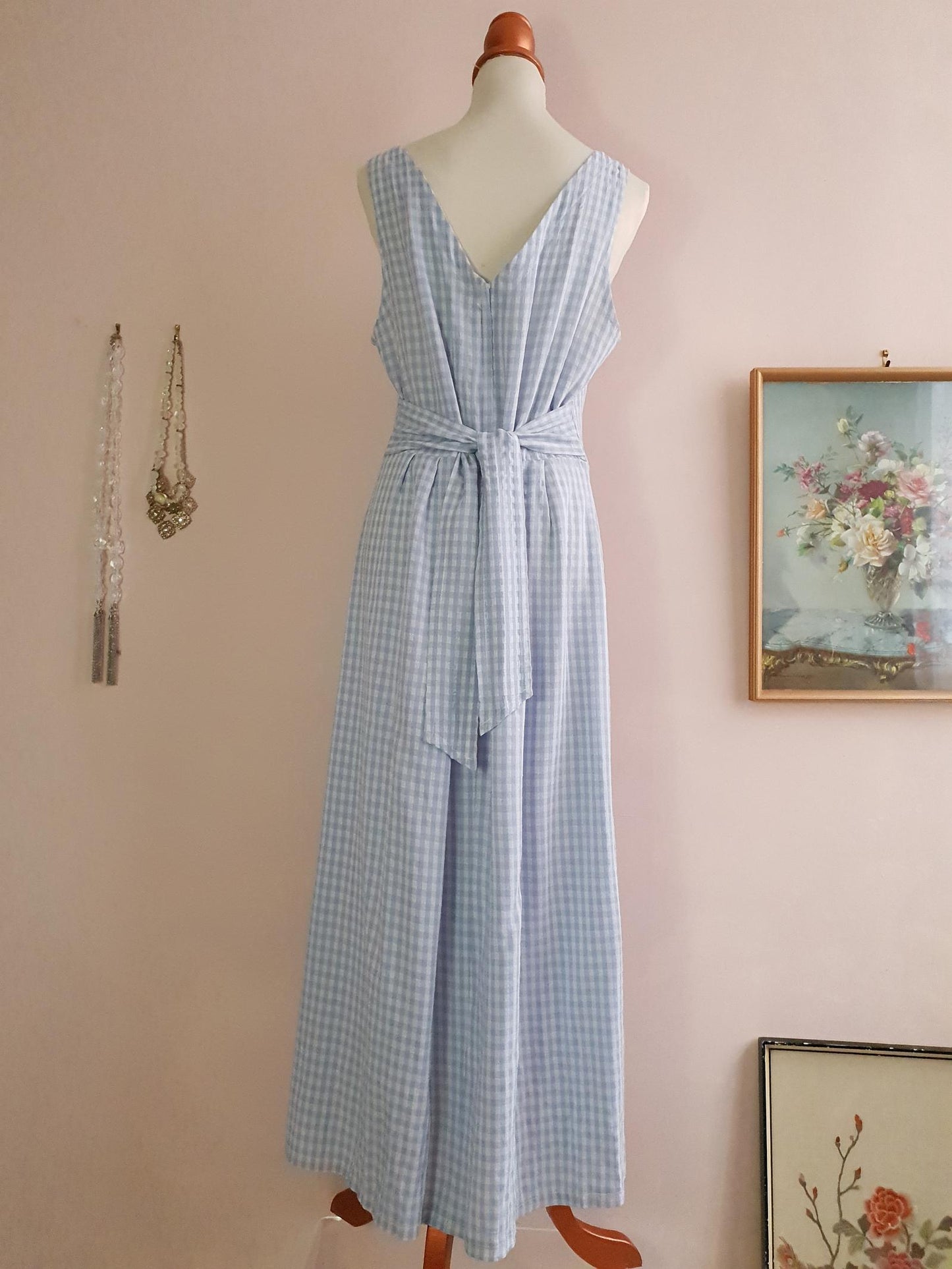Vintage 1980s Blue Check Day Dress - Size 16