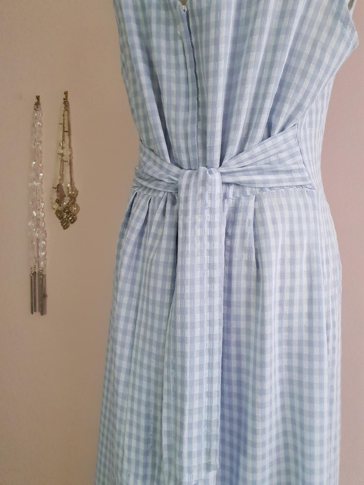 Vintage 1980s Blue Check Day Dress - Size 16