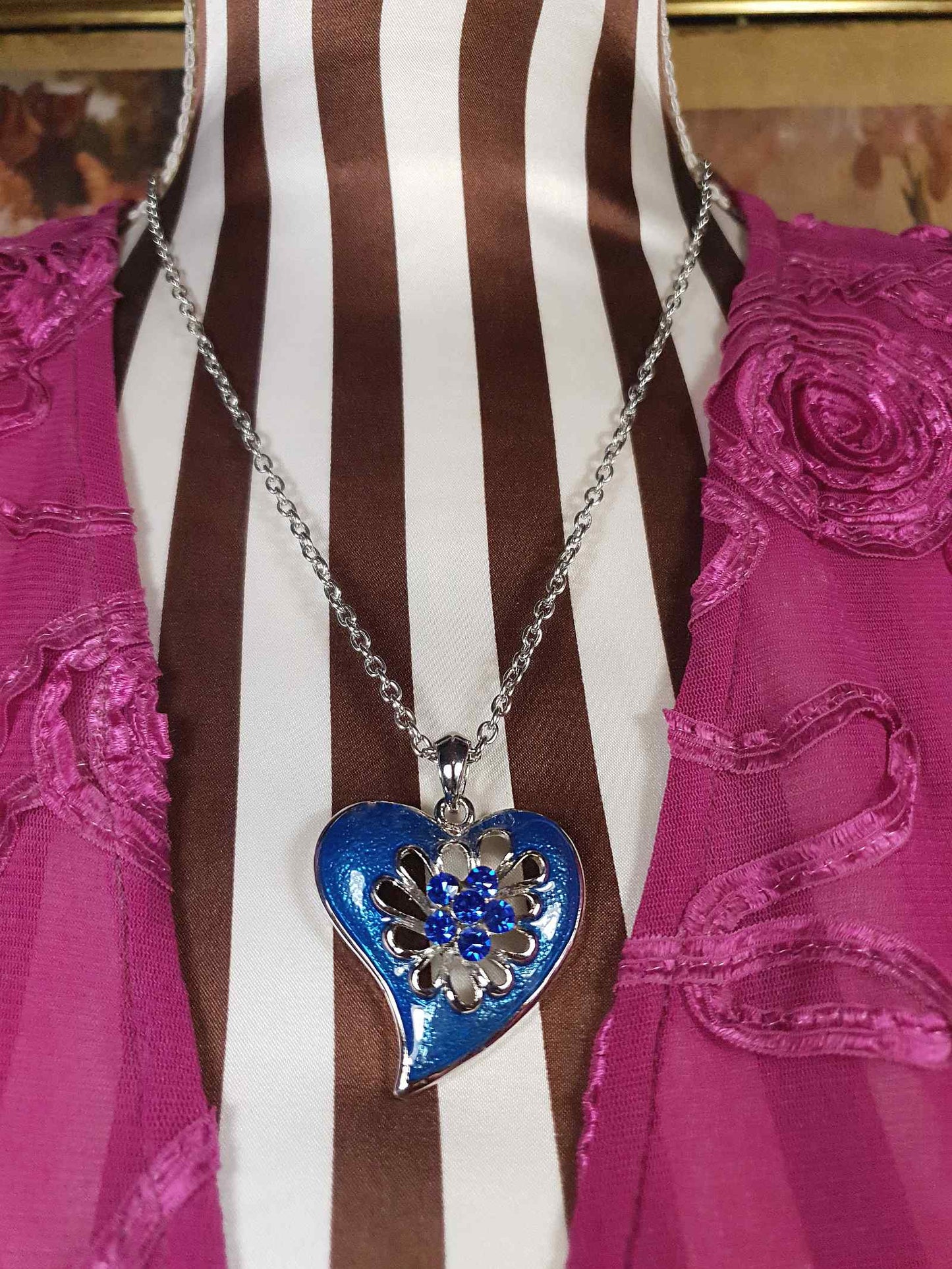 Vintage Blue Enamel Heart Necklace Pendant Rhinestone Y2K