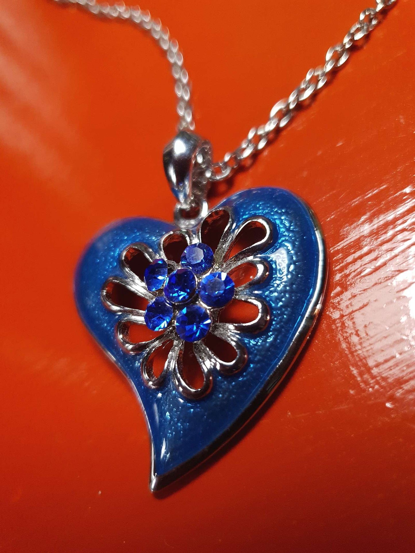 Vintage Blue Enamel Heart Necklace Pendant Rhinestone Y2K
