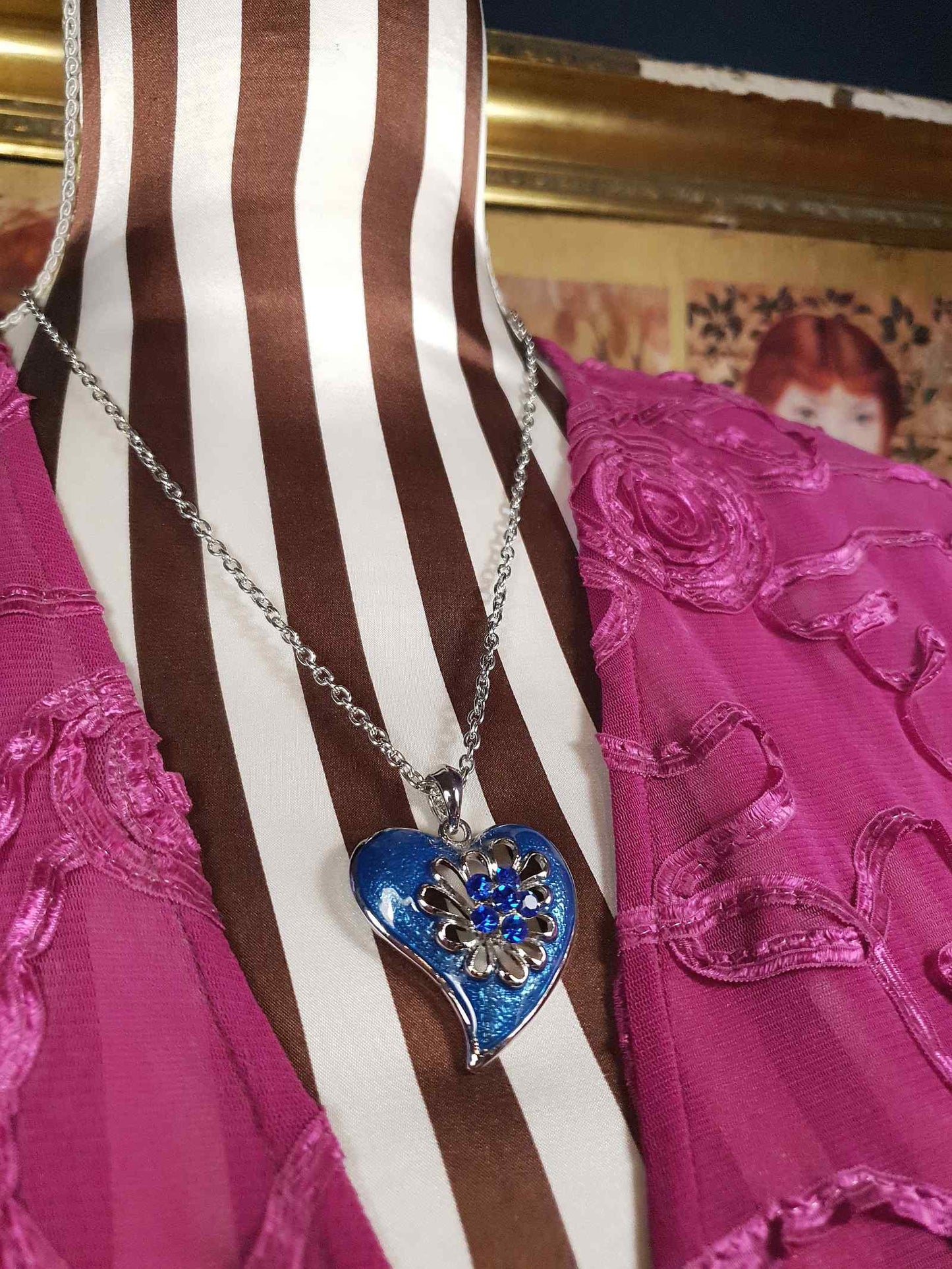 Vintage Blue Enamel Heart Necklace Pendant Rhinestone Y2K