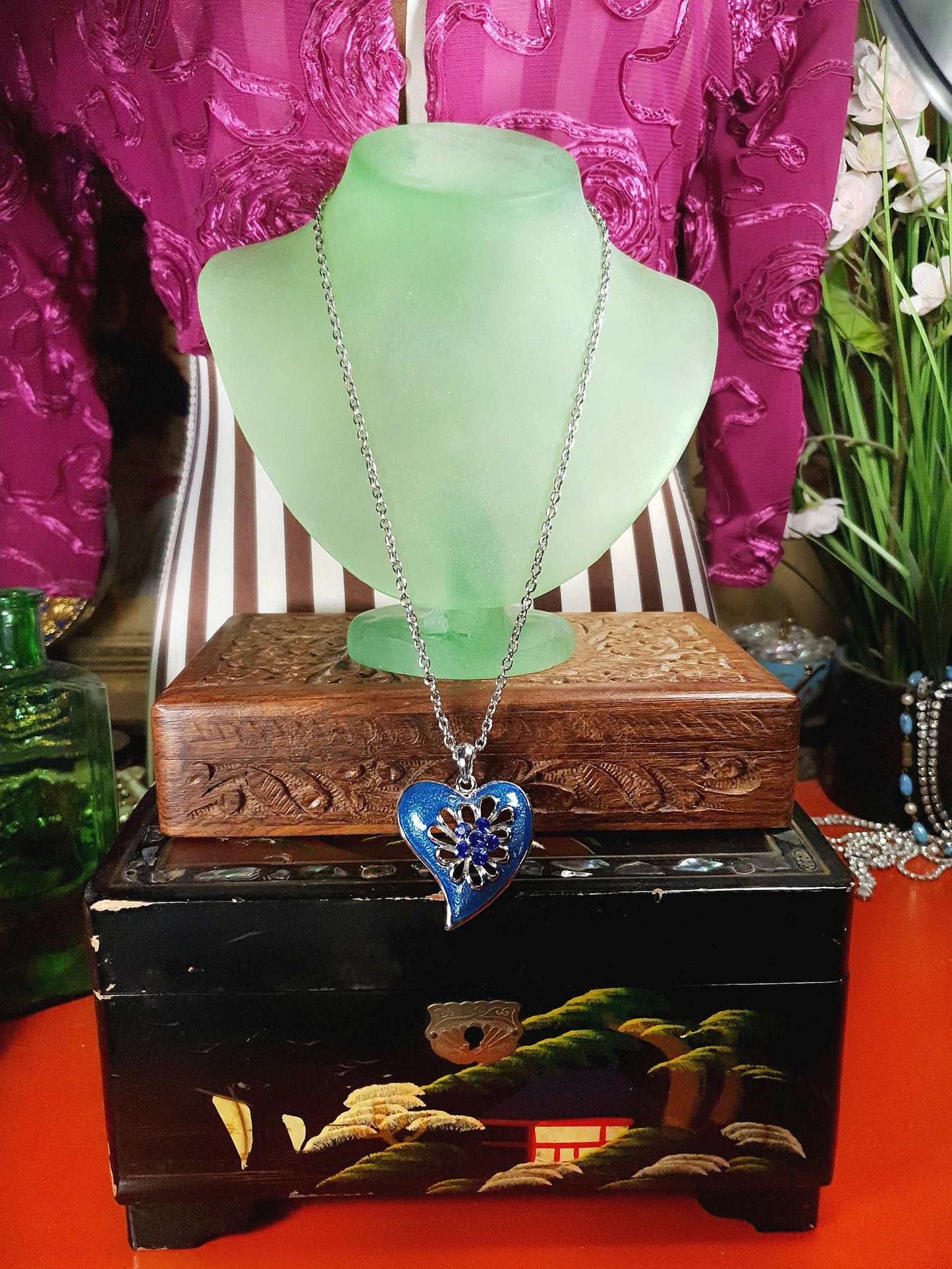 Vintage Blue Enamel Heart Necklace Pendant Rhinestone Y2K