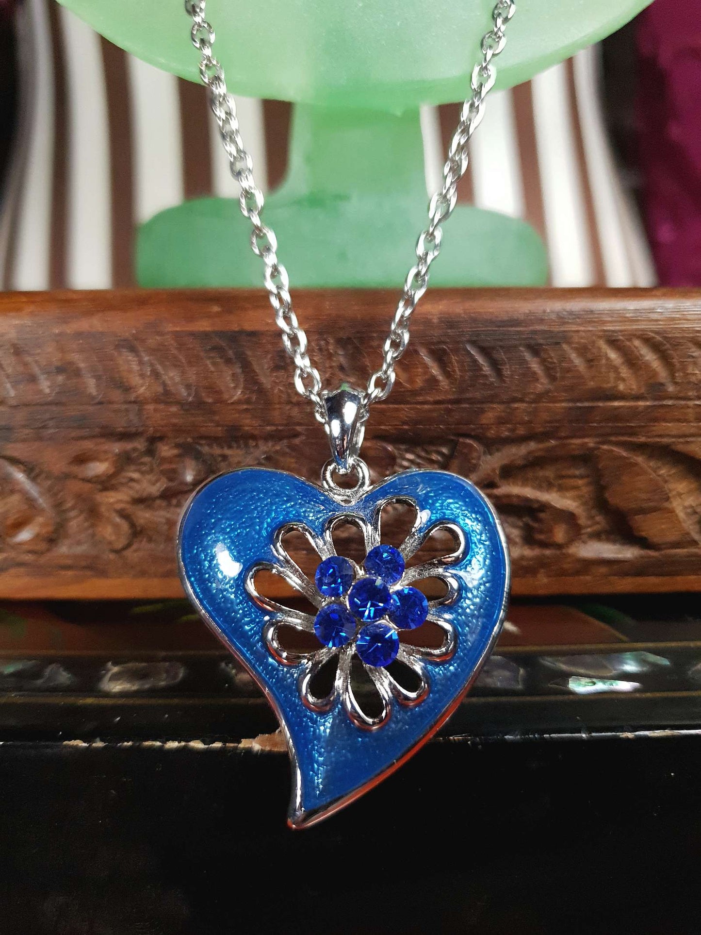 Vintage Blue Enamel Heart Necklace Pendant Rhinestone Y2K
