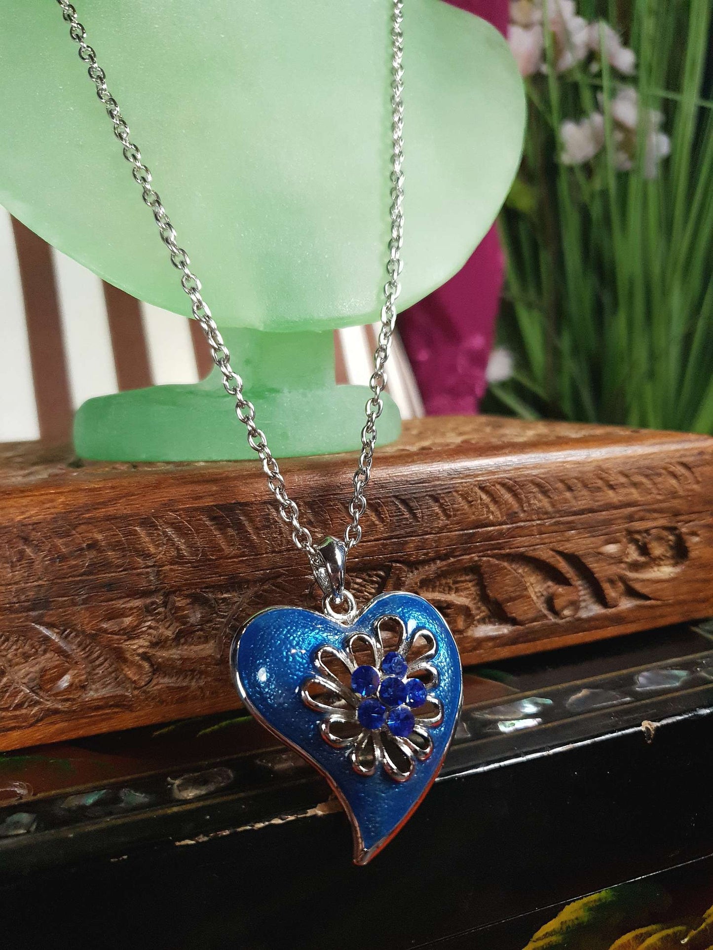 Vintage Blue Enamel Heart Necklace Pendant Rhinestone Y2K