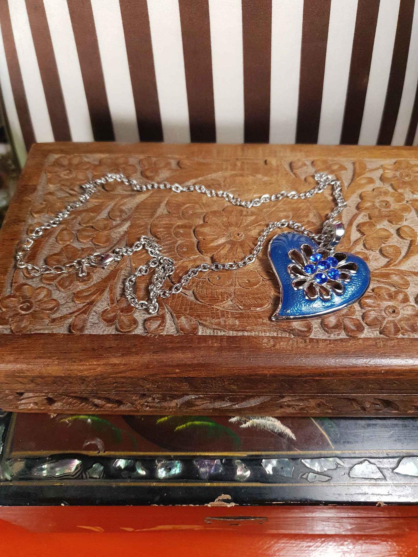 Vintage Blue Enamel Heart Necklace Pendant Rhinestone Y2K