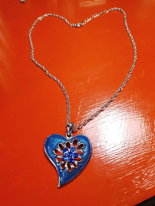 Vintage Blue Enamel Heart Necklace Pendant Rhinestone Y2K