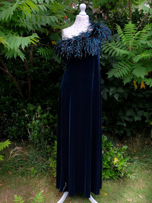 Beautiful 1970s Blue Velvet & Ostrich Feather Evening Gown Dress - Size 12
