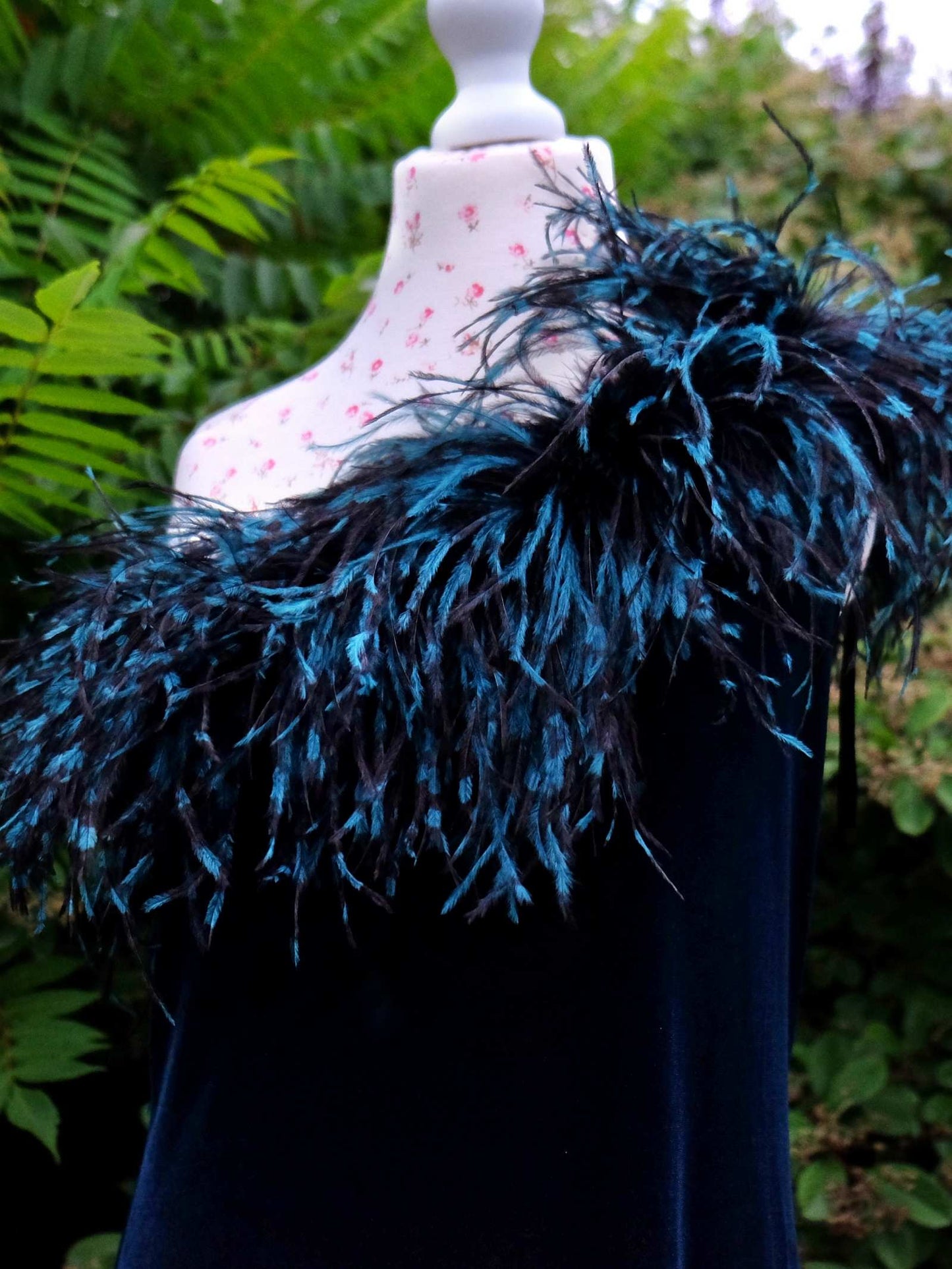 Beautiful 1970s Blue Velvet & Ostrich Feather Evening Gown Dress - Size 12