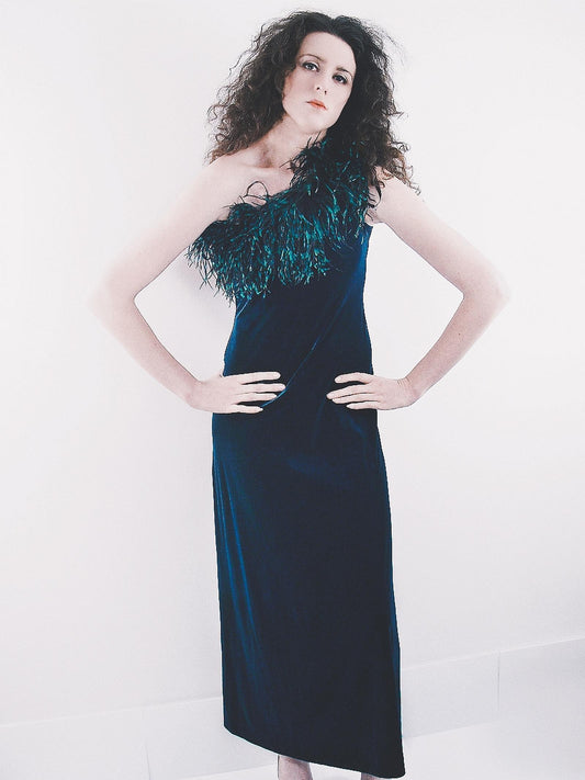 Beautiful 1970s Blue Velvet & Ostrich Feather Evening Gown Dress - Size 12