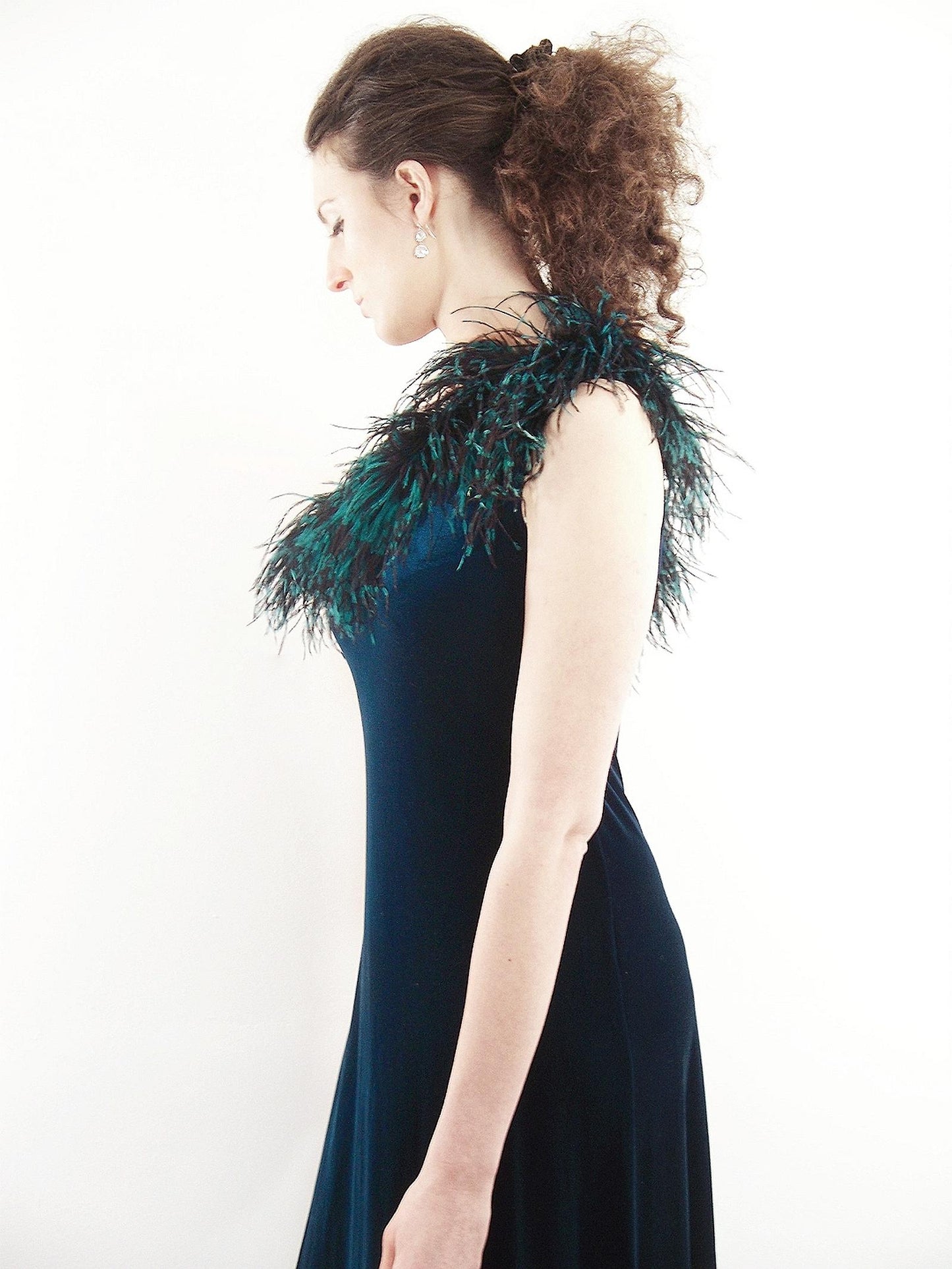 Beautiful 1970s Blue Velvet & Ostrich Feather Evening Gown Dress - Size 12