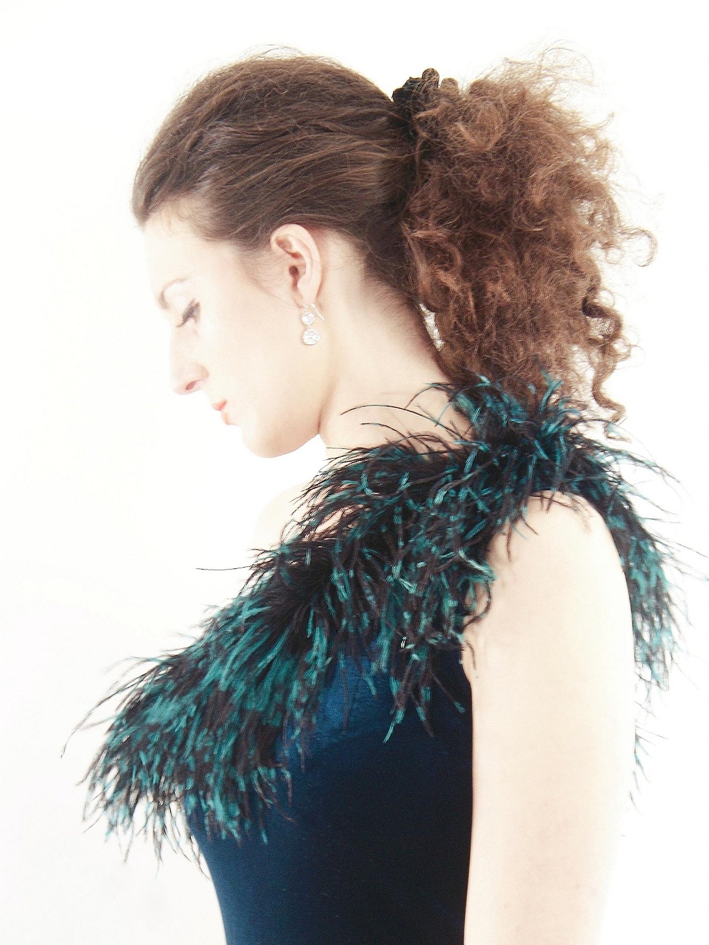 Beautiful 1970s Blue Velvet & Ostrich Feather Evening Gown Dress - Size 12
