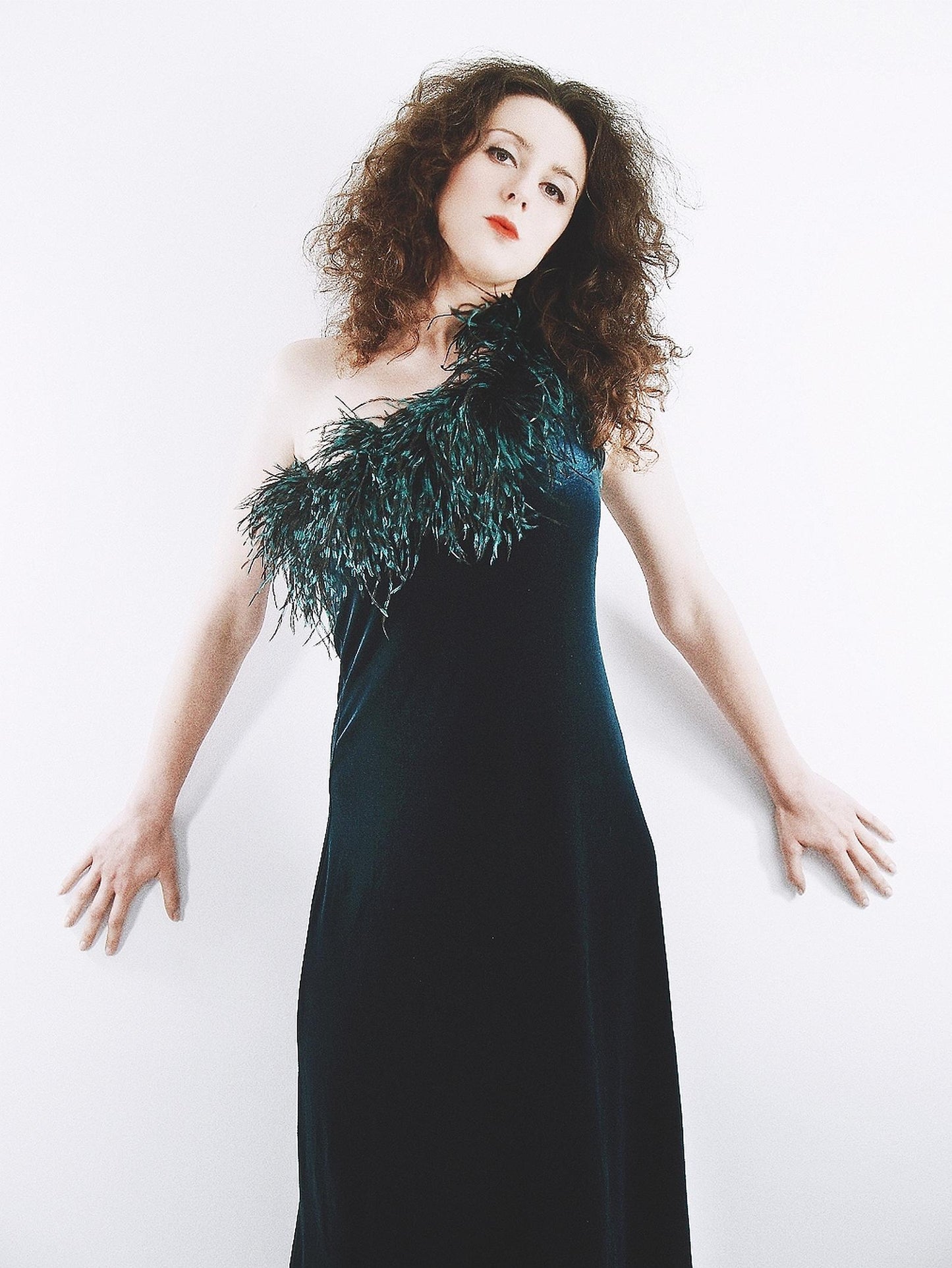 Beautiful 1970s Blue Velvet & Ostrich Feather Evening Gown Dress - Size 12