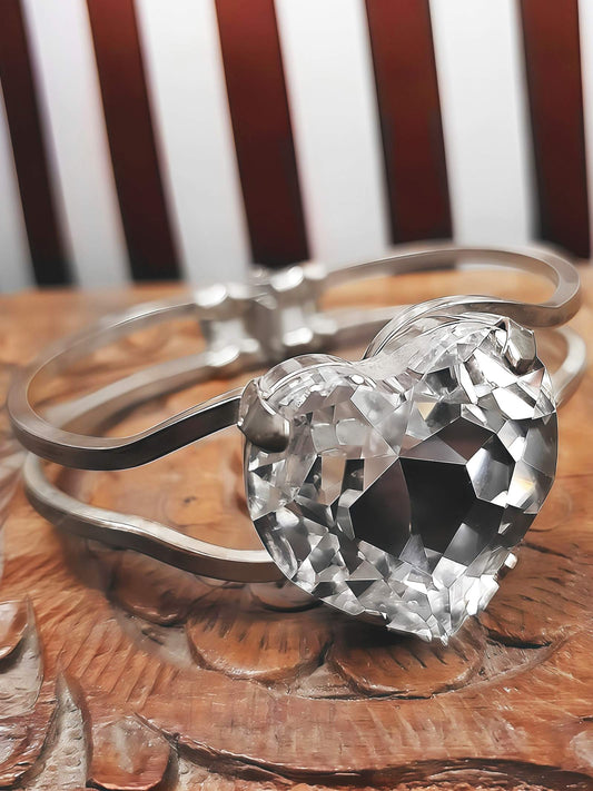 Vintage Rhinestone Heart Bracelet Bangle 1980s Silver Tone