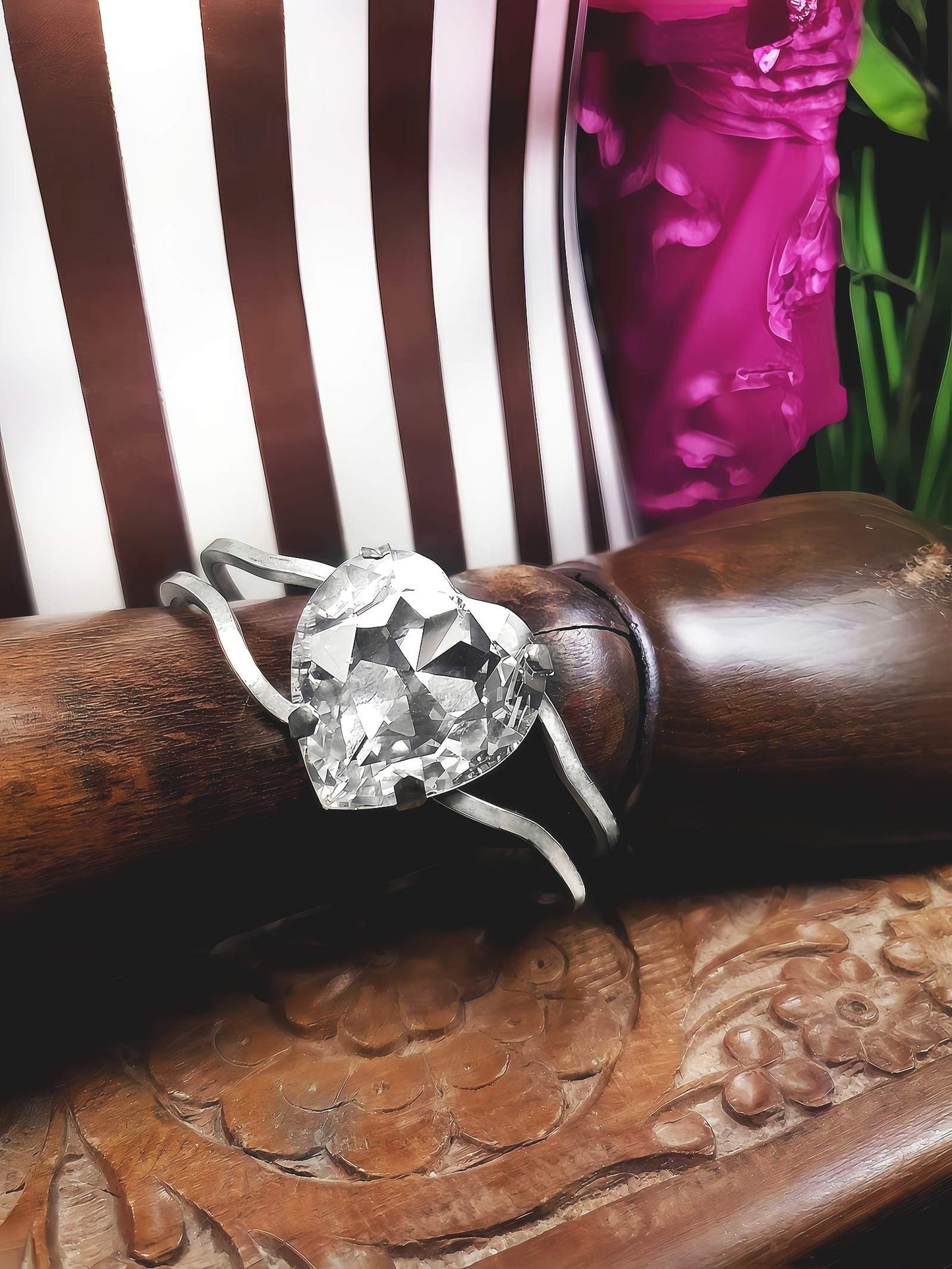 Vintage Rhinestone Heart Bracelet Bangle 1980s Silver Tone