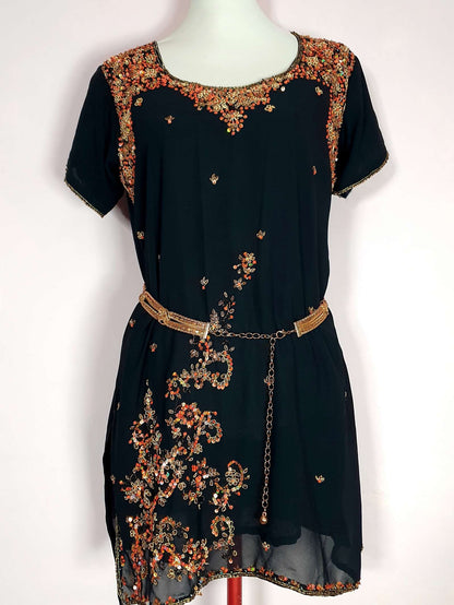 Vintage 1980s Black Chiffon Beaded Kaftan Boho Mini Dress - Size 14
